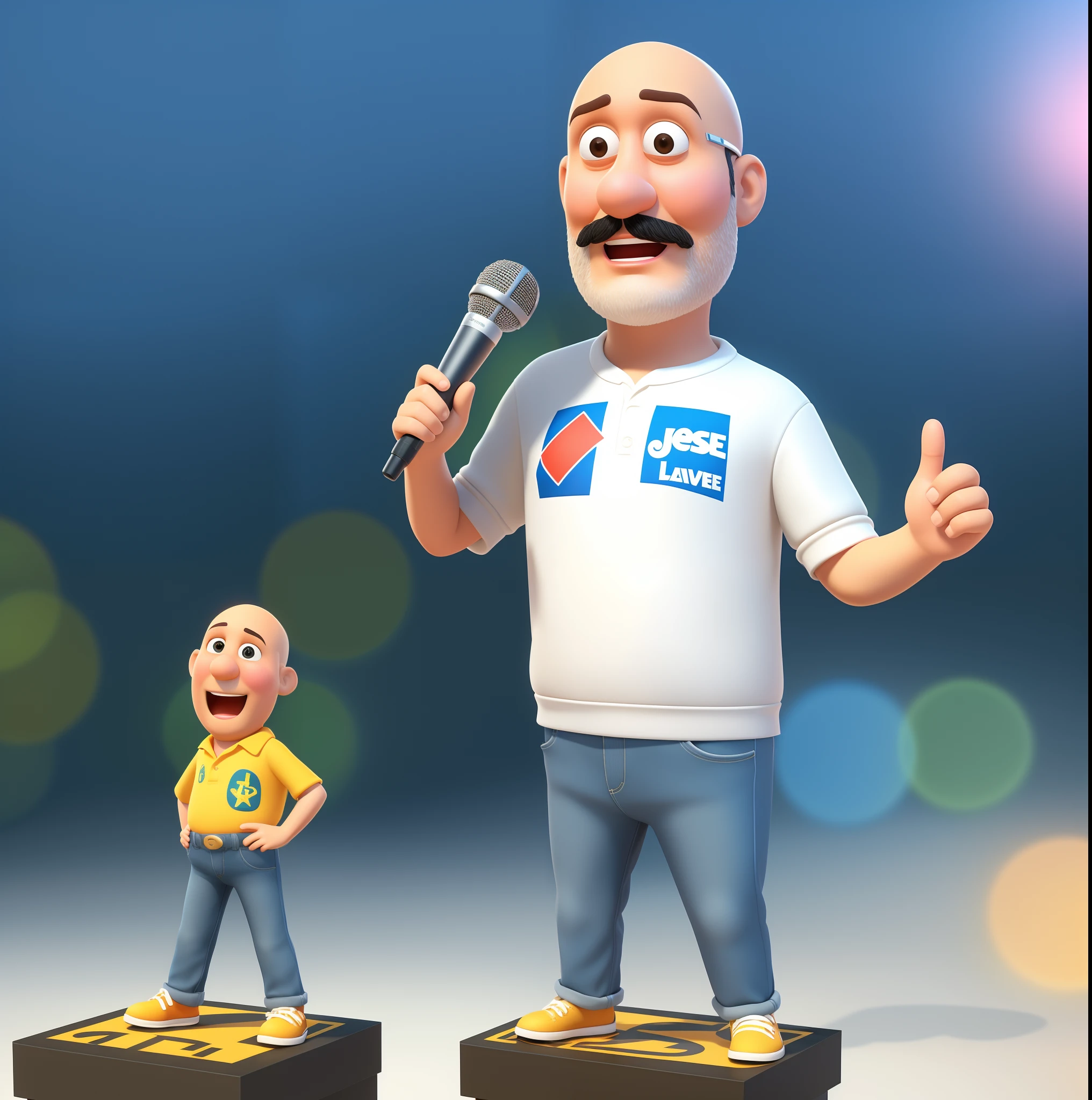 Bald man cartoon character standing on a podium with a microphone, destemido, camisa preta escrito Jesus em branco, animation character, Caractere estilizado, animation style rendering, 3D estilizado, Arnold Maya render, 3 d render stylized, toon render keyshot, Personagem 3D, Personagem 3D, 3d rendering stylized, 3 d character render, personagem de desenho animado, Personagem de close up, Pose de personagem,  (Estilo Pixar) (master part:1.2) (Bokeh) (best quality) (pele detalhada) (textura detalhada) (8k) (argila) (Cinematic lighting) (foco nítido)