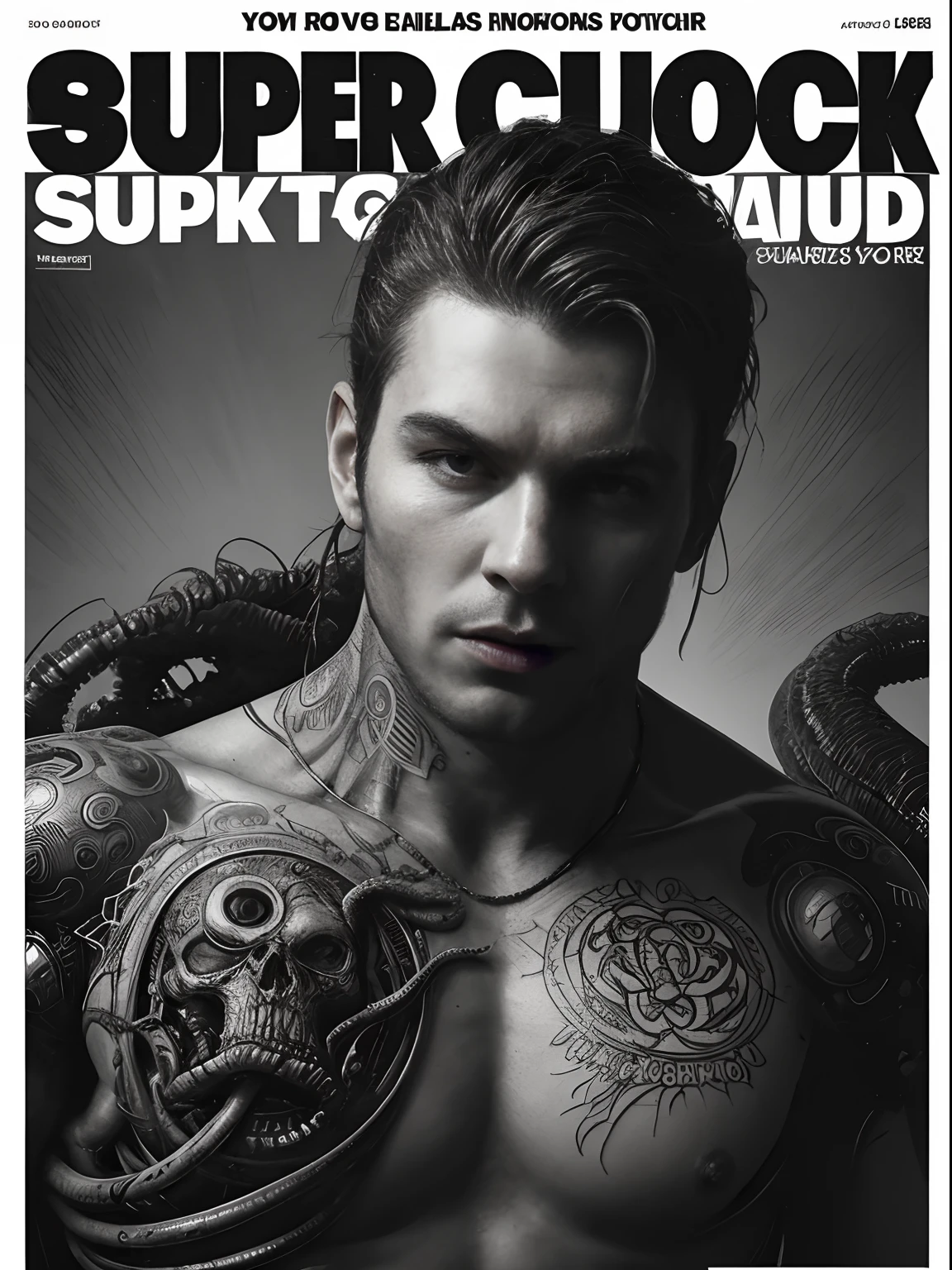 (male) Super cyborg, european hairy male, magazine cover, poster art , Lovecraftian horror tattoos, bold huge text, matted design layout, strong, bold inking techniques, monochromatic