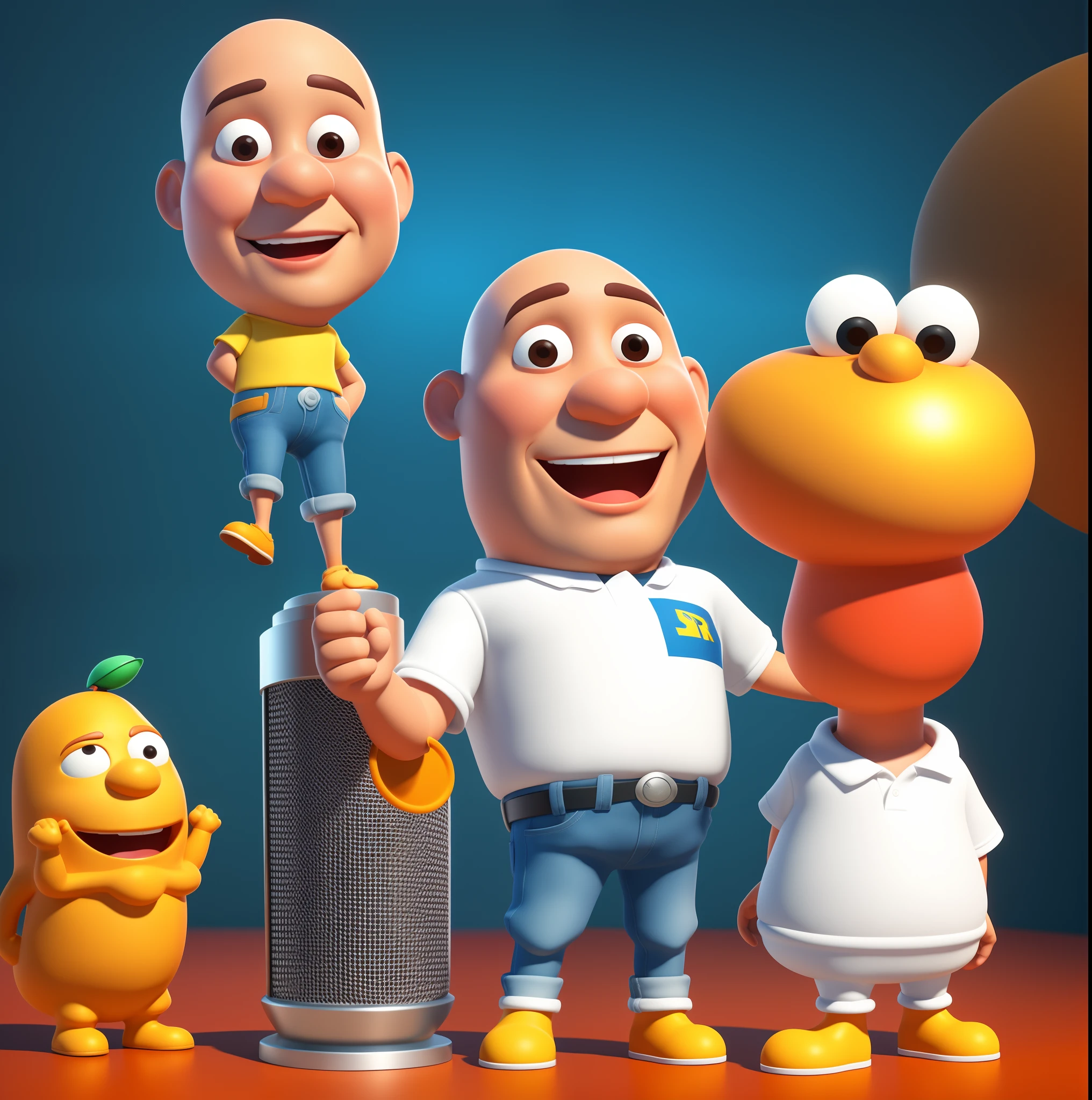 Bald man cartoon character standing on a podium with a microphone, destemido, camisa preta escrito Jesus em branco, animation character, Caractere estilizado, animation style rendering, 3D estilizado, Arnold Maya render, 3 d render stylized, toon render keyshot, Personagem 3D, Personagem 3D, 3d rendering stylized, 3 d character render, personagem de desenho animado, Personagem de close up, Pose de personagem, (Estilo Pixar) (master part:1.2) (Bokeh) (best quality) (pele detalhada) (textura detalhada) (8k) (argila) (Cinematic lighting) (foco nítido)
