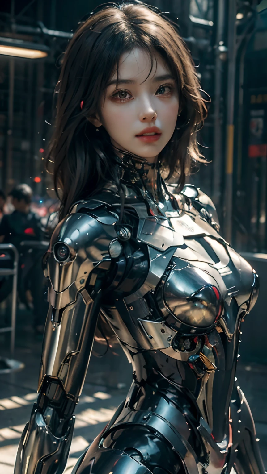 Top Quality, Masterpiece, Ultra High Resolution, (Photorealistic: 1.4), Raw Photo, 1 Girl, Black Hair, Glossy Skin, 1 Mechanical Girl, (Ultra Realistic Details)), Standing in cyberpunk street, Global Illumination, Shadows, Octane Rendering, 8K, Ultra Sharp, Big, Cleavage Exposed Raw Skin, Metal, Intricate Ornament Details, Egyptian Details, Very intricate details, realistic light, CGSoation trend, purple eyes, glowing eyes, facing the camera, neon details, mechanical limbs, blood vessels connected to the tube, mechanical vertebrae attached to the back, mechanical cervical attachment to the neck, sitting, wires and cables connecting to the head, evangelion, small LED lamp.