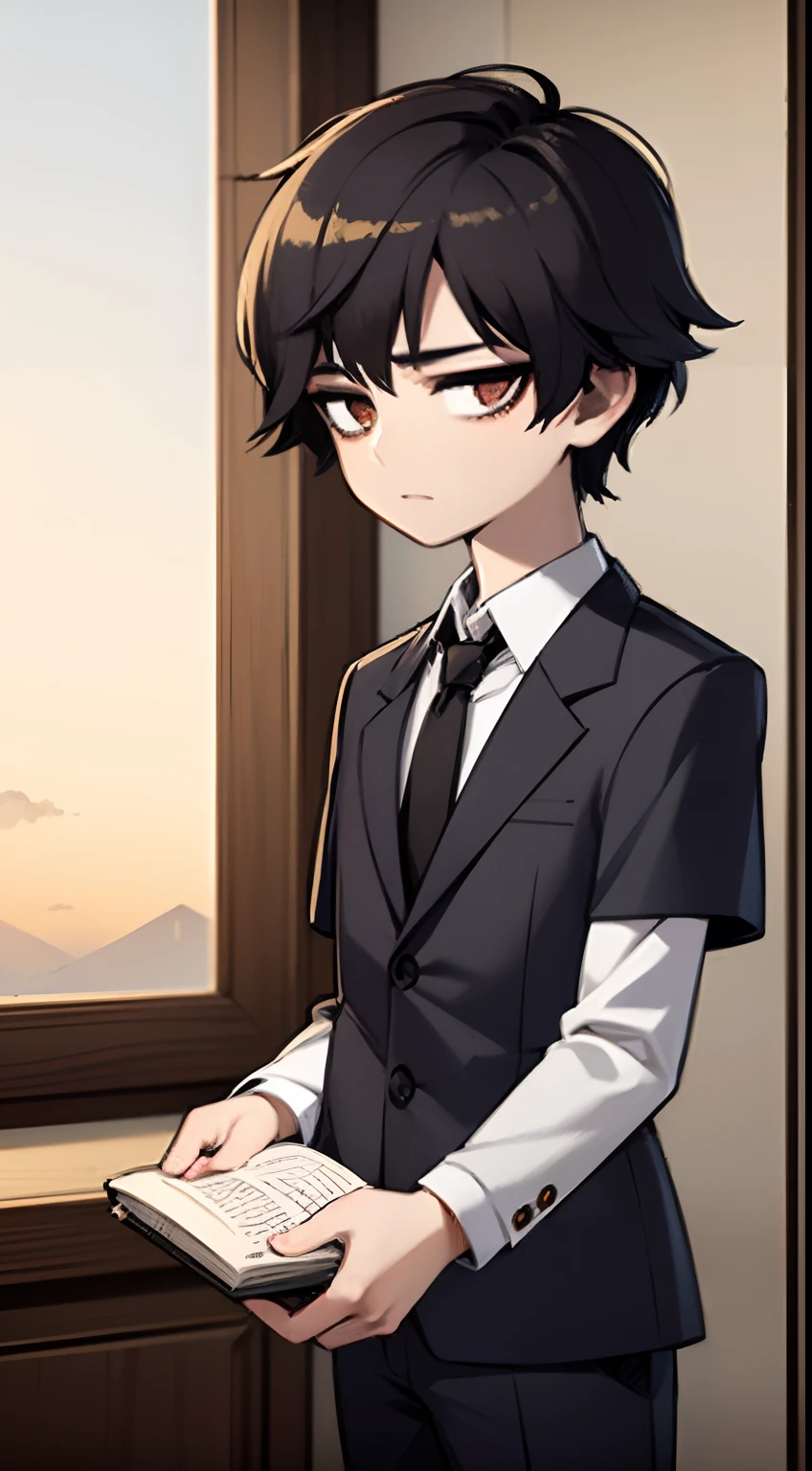 (masterpiece、top-quality))、(16-year-old boy)、(独奏)、(Male Focus),1 boy、Beautiful delicate face,Short Short Cut Hair、Delicate stripes are visible on the neck,,Bangs are long and aligned,(extremely detailed beautiful face、Plain black suit、The shirt、neck tie,Actual image、Men,Realistic white skin、Realistic body、intricate detailes)、Brown eyes(Intimidating look)、Beautiful shine in the eyes、Beautiful men's outfit,small tits、Dark circles under the eyes、Dark look、About 16 years old、blazers、shirt、vests、Geeky、Holding a book whole body、Standing Picture、