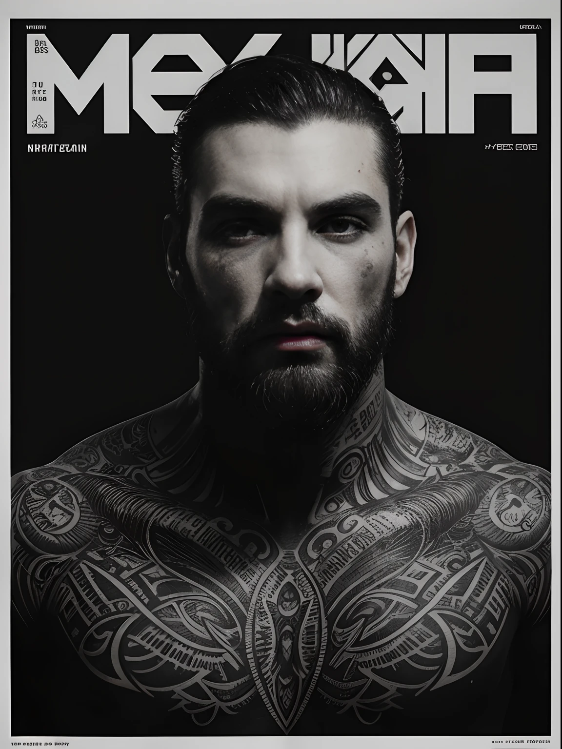 (male) Super cyborg, european hairy male, magazine cover, poster art , Lovecraftian horror tattoos, bold huge text, matted design layout, strong, bold inking techniques, monochromatic