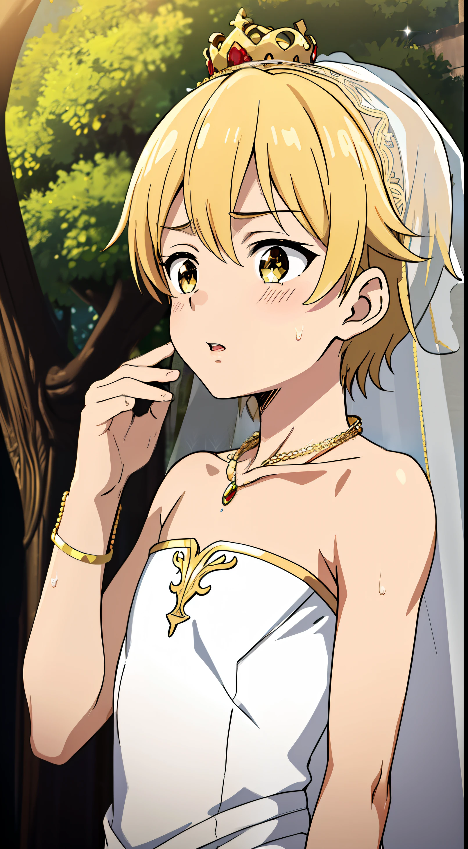 Anime style, Highres, Masterpiece, Best quality at best,Best Quality,hight quality, hight detailed, 1boy, (little boys), (armpit), sweating, shota, outdoors, wedding dress, Strapless dress, gold bracelets, gold necklace, gold rings, sparkling crown, veil, seductive face, cute boy, upper body, slim body,