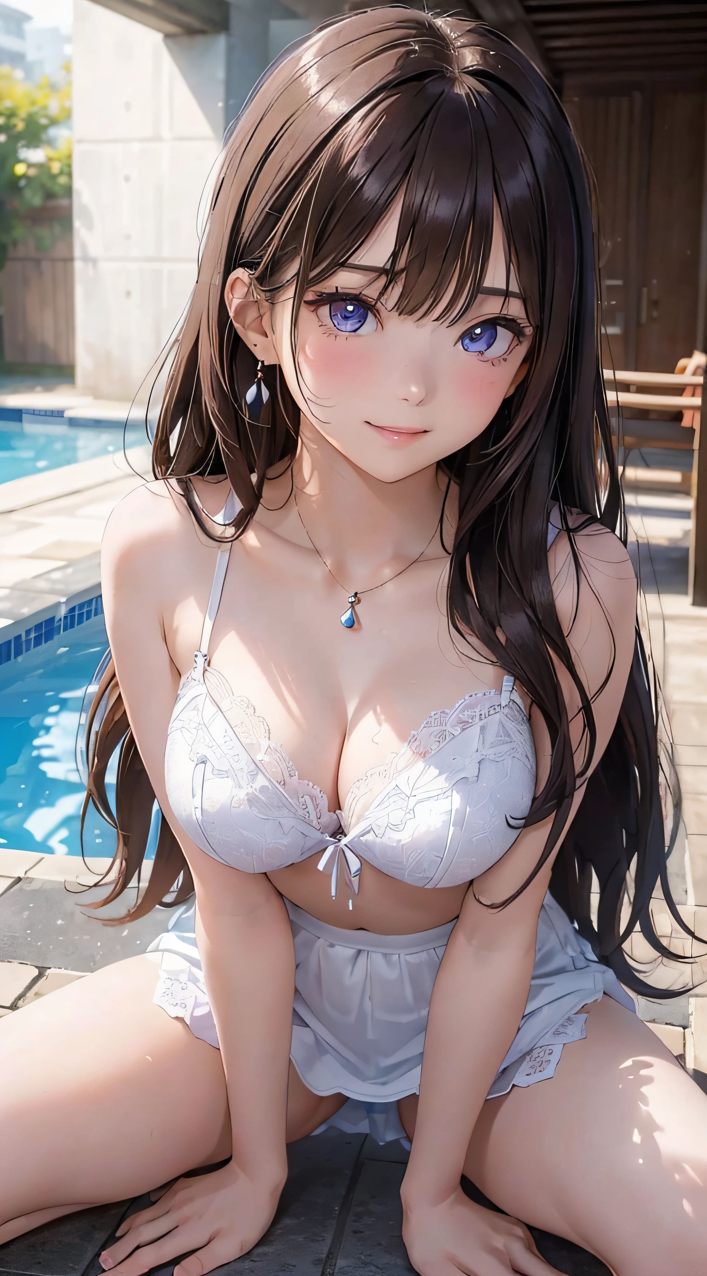 (masutepiece: 1.3), (max resolution: 1.2), (Ultra HDTV: 1.2), cinematric light, Ultra HDTV, (Detailed eyes and skin), (detailed facial features), nffsw, 8K resolution, Sharp Focus: 1.2, Perfect Style, Beautiful face, Perfect body, acurate, Anatomically correct, Highly detailed face and skin texture, Detailed eyes, Dark-blue eyes, Double eyelids, Thin eyebrows, Glitter Eyeliner: 1.2, Natural cheeks, Glossy skin, Fair skin: 1.2, shiny little necklace and earrings, (Glossy lips: 1.4), BREAK, One-person viewpoint, (She is a very cute female teacher), (Lilac lace panties、lilac lace bra、Stockings), (Seductive smile: 1.2), ((a Innocent and cute girl:1.3)), (Long Wave Hair), (ligh brown hair:1.2), (Cowboy Shot: 1.2), BREAK, ((Very intimate relationships: 1.2)), medium large breasts, ((Looking at Viewer:1.2)), ((in poolside:1.2)), ((Bend your knees and open your legs wide:1.2)), (From Side:1.2),low angle shot、White Long Short Sleeve Shirt、Denim Mini Skirt、Embarrassed look、sexy buttocks