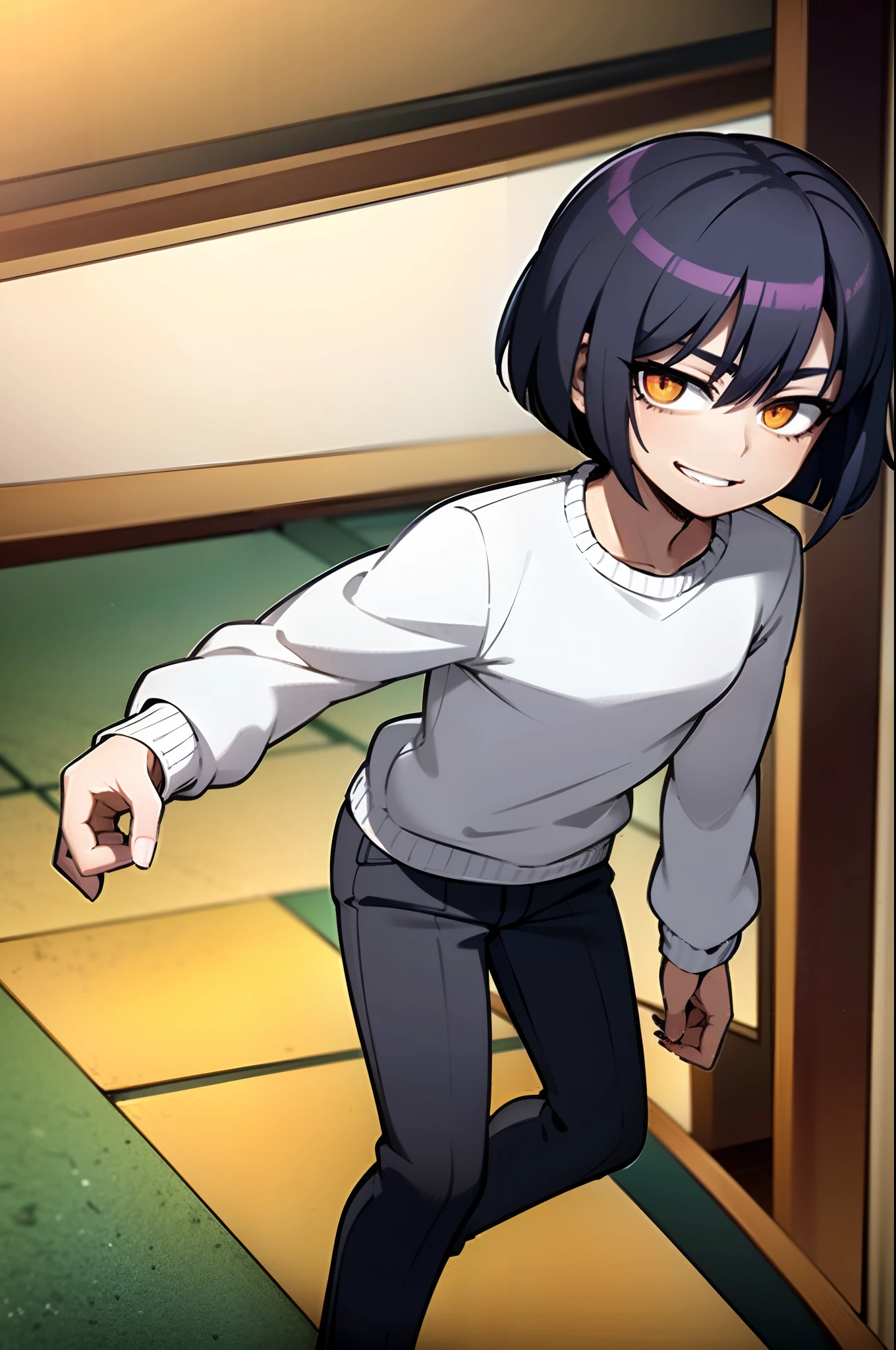 anime, anime young man, 19 years old, wearing purple sweater, black hair, bob haircut, black pants, white shoes, yellow eeyes, anime full body illustration, kazuki takahashi style, character smilling, in a room, sunset time, young anime man,