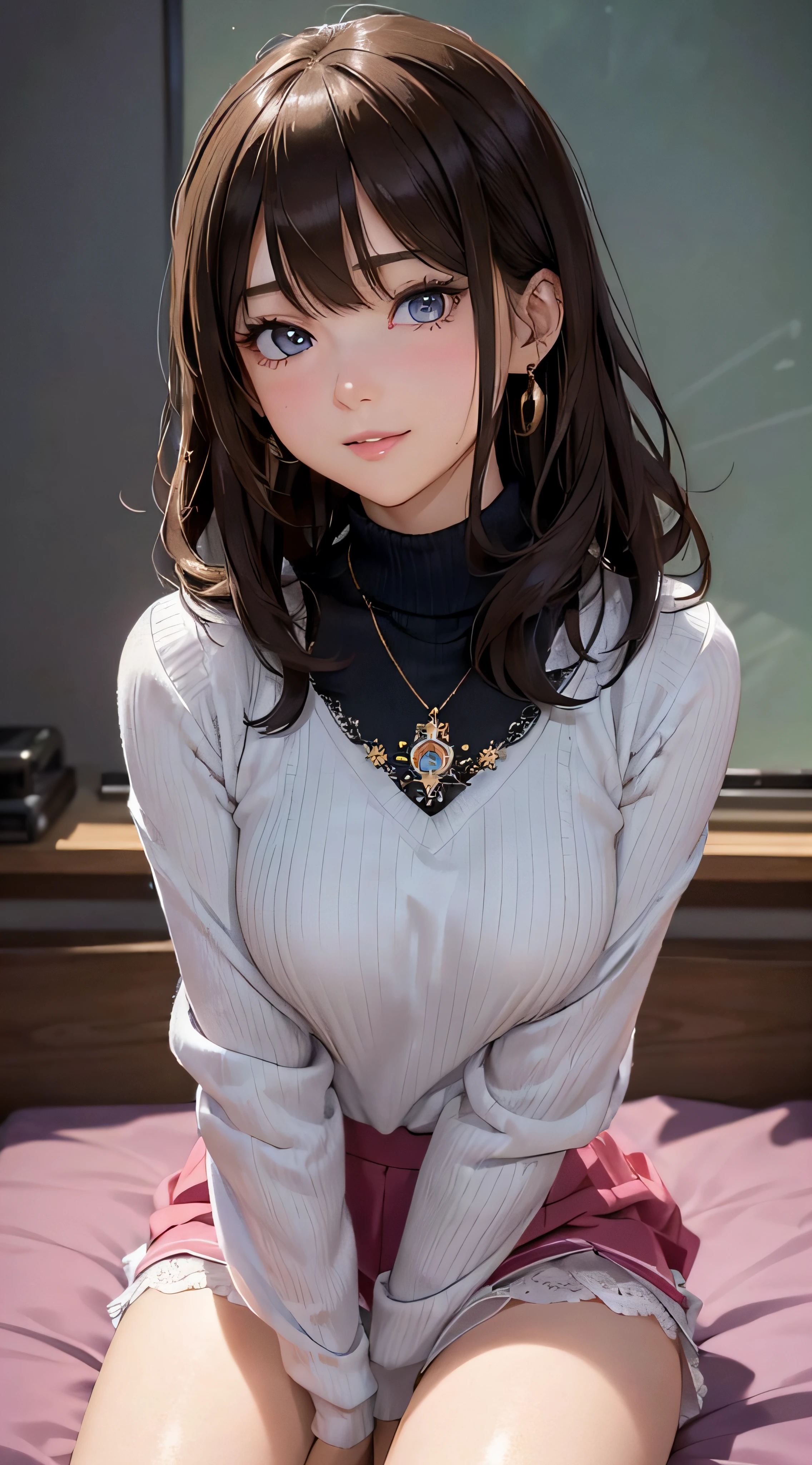(masutepiece: 1.3), (max resolution: 1.2), (Ultra HDTV: 1.2), cinematric light, Ultra HDTV, (Detailed eyes and skin), (detailed facial features), nffsw, 8K resolution, Sharp Focus: 1.2, Perfect Style, Beautiful face, Perfect body, acurate, Anatomically correct, Highly detailed face and skin texture, Detailed eyes, Dark-blue eyes, Double eyelids, Thin eyebrows, Glitter Eyeliner: 1.2, Natural cheeks, Glossy skin, Fair skin: 1.2, shiny little necklace and earrings, (Glossy lips: 1.4), BREAK, One-person viewpoint, (She is a very cute female teacher), (Pink lace panties), (Seductive smile: 1.2), ((a Innocent and cute girl:1.3)), (Long Wave Hair), (ligh brown hair:1.2), (Cowboy Shot: 1.2), BREAK, ((Very intimate relationships: 1.2)), medium large breasts, ((Looking at Viewer:1.2)), ((Classroom:1.2)), ((Bend your knees and open your legs wide:1.2)), (From Side:1.2),low angle shot,FULL BODYSHOT Tight sweater with long sleeves in bright colors flered skirt Embarrassed look Kamimei sexy buttocks