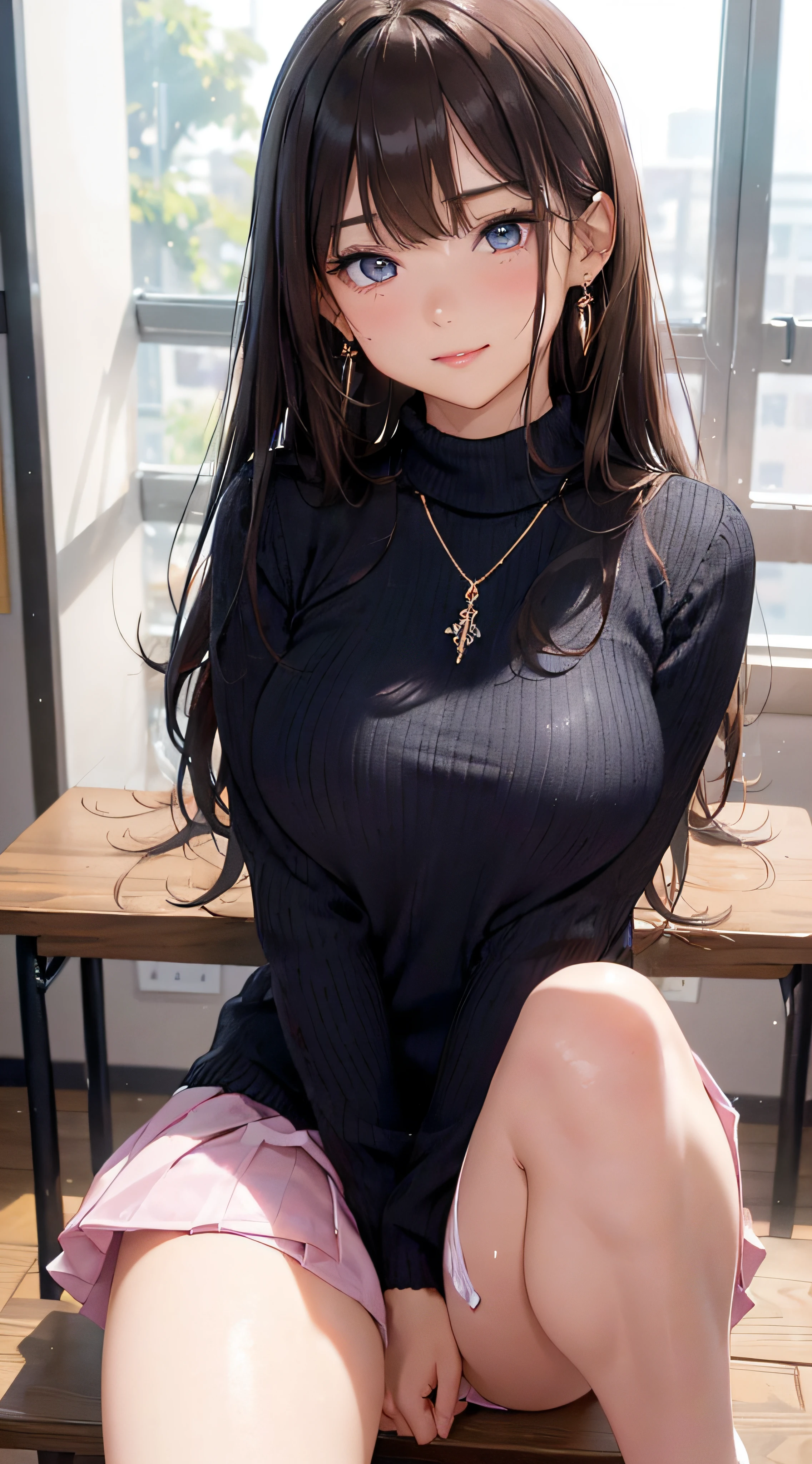 (masutepiece: 1.3), (max resolution: 1.2), (Ultra HDTV: 1.2), cinematric light, Ultra HDTV, (Detailed eyes and skin), (detailed facial features), nffsw, 8K resolution, Sharp Focus: 1.2, Perfect Style, Beautiful face, Perfect body, acurate, Anatomically correct, Highly detailed face and skin texture, Detailed eyes, Dark-blue eyes, Double eyelids, Thin eyebrows, Glitter Eyeliner: 1.2, Natural cheeks, Glossy skin, Fair skin: 1.2, shiny little necklace and earrings, (Glossy lips: 1.4), BREAK, One-person viewpoint, (She is a very cute female teacher), (Pink lace panties), (Seductive smile: 1.2), ((a Innocent and cute girl:1.3)), (Long Wave Hair), (ligh brown hair:1.2),  (Cowboy Shot: 1.2), BREAK, ((Very intimate relationships: 1.2)), medium large breasts, ((Looking at Viewer:1.2)), ((‎Classroom:1.2)), ((Bend your knees and open your legs wide:1.2)), (From Side:1.2),low  angle shot,FULL BODYSHOT　Tight sweater with long sleeves in bright colors　flered skirt　Embarrassed look　Kamimei　sexy buttocks