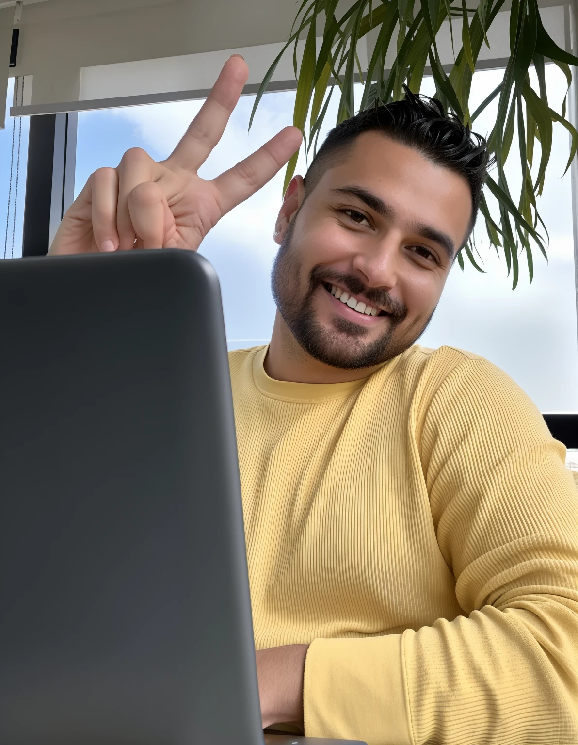 homem sorridente sentado em uma mesa com um laptop e dando o sinal de paz, sentado em frente ao computador, na frente de um computador, com um laptop no colo, he is! cerca de 3 0 anos de idade, sentado em um computador, foto de 2022, codificador criativo com um computador, 2 0 2 2 foto, Vitaly Bulgarov