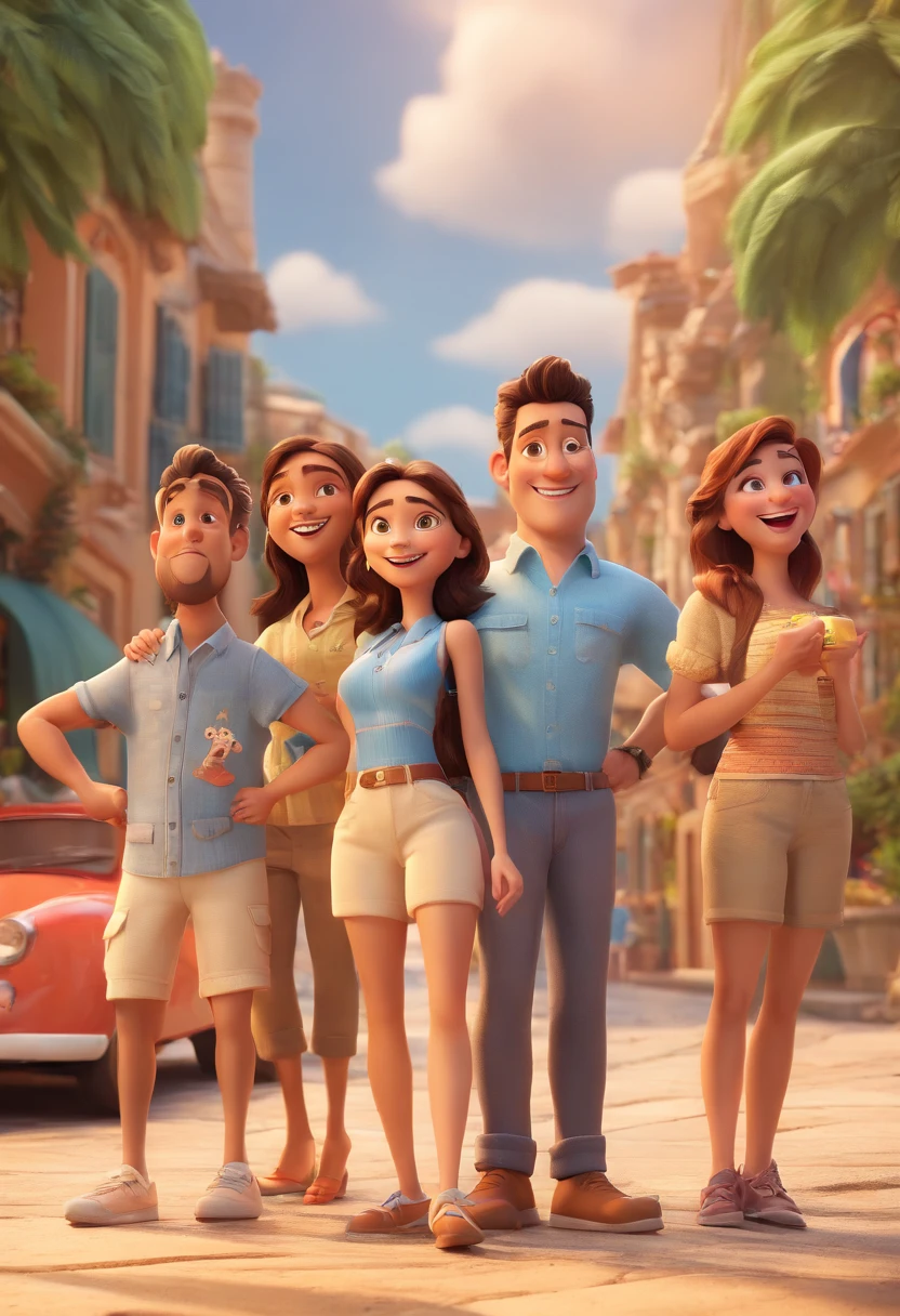 Cartoon of friends having fun on vacation together, 3D Animation Movie Poster, Poster de filme animado, pixar 3 d animation style, pixar renderman rendering, maia 8 mil, animated film, Disney Pixar Estilo 3D, amigos felizes saem juntos, all wearing light blue shirts and cream brown long pants, camisa azul clara, cream brown pants, ao ar livre, vacation, Disney Pixar Animation Poster