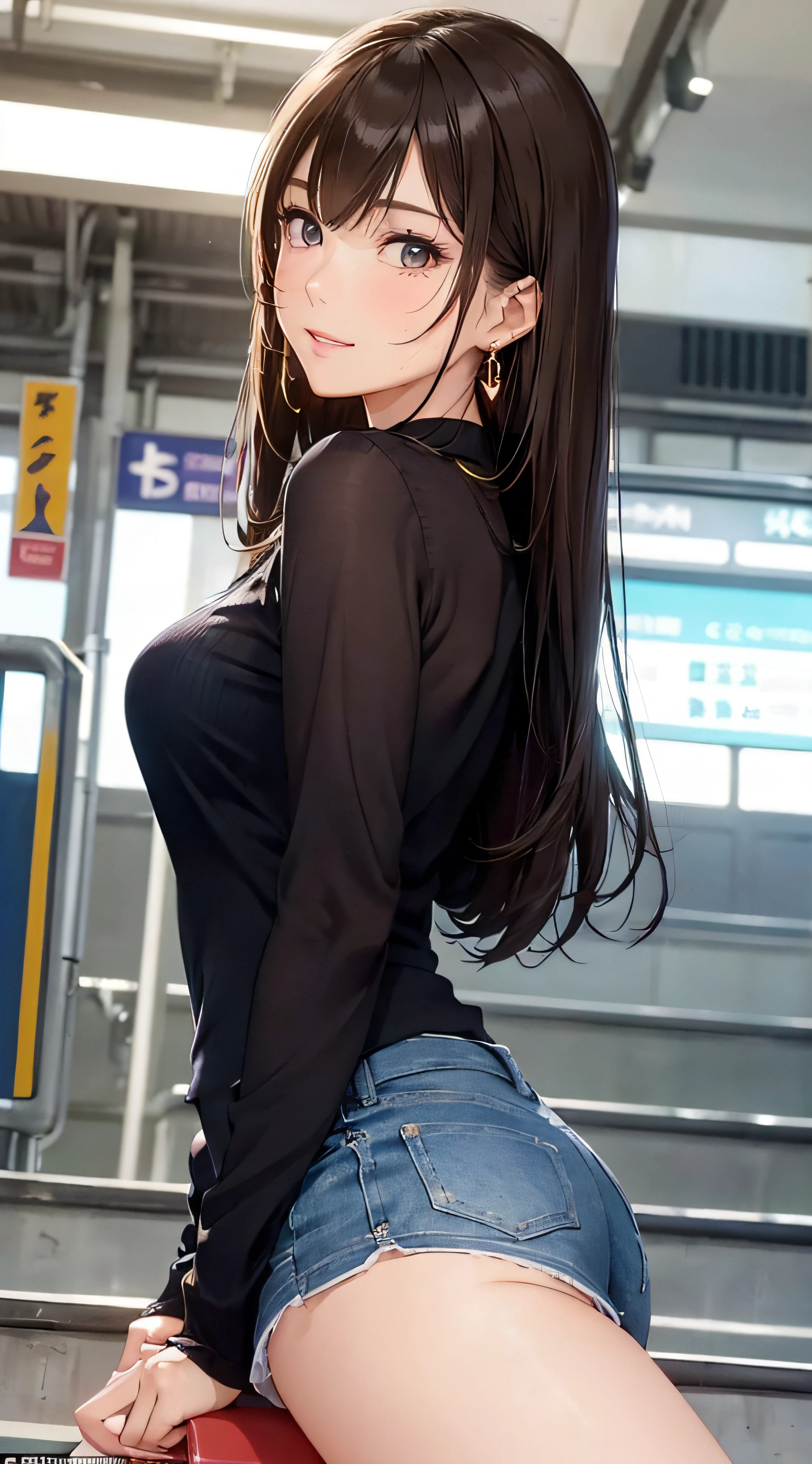 (masutepiece: 1.3), (max resolution: 1.2), (Ultra HDTV: 1.2), cinematric light, Ultra HDTV, (Detailed eyes and skin), (detailed facial features), nffsw, 8K resolution, Sharp Focus: 1.2, Perfect Style, Beautiful face, Perfect body, acurate, Anatomically correct, Highly detailed face and skin texture, Detailed eyes, Dark-blue eyes, Double eyelids, Thin eyebrows, Glitter Eyeliner: 1.2, Natural cheeks, Glossy skin, Fair skin: 1.2, shiny little necklace and earrings, (Glossy lips: 1.4), BREAK, One-person viewpoint, (She is a very cute female teacher), (Red lace panties、Stockings), (Seductive smile: 1.2), ((a Innocent and cute girl:1.3)), (Long Wave Hair), (ligh brown hair:1.2), (Cowboy Shot: 1.2), BREAK, ((Very intimate relationships: 1.2)), medium large breasts, ((Looking at Viewer:1.2)), ((train station stairs:1.2)), ((Bend your knees and open your legs wide:1.2)), (From Side:1.2),low angle shot,FULL BODYSHOT Tight sweater with long sleeves in bright colors Tight denim mini skirt Embarrassed look Kamimei、Chest Emphasis Pose