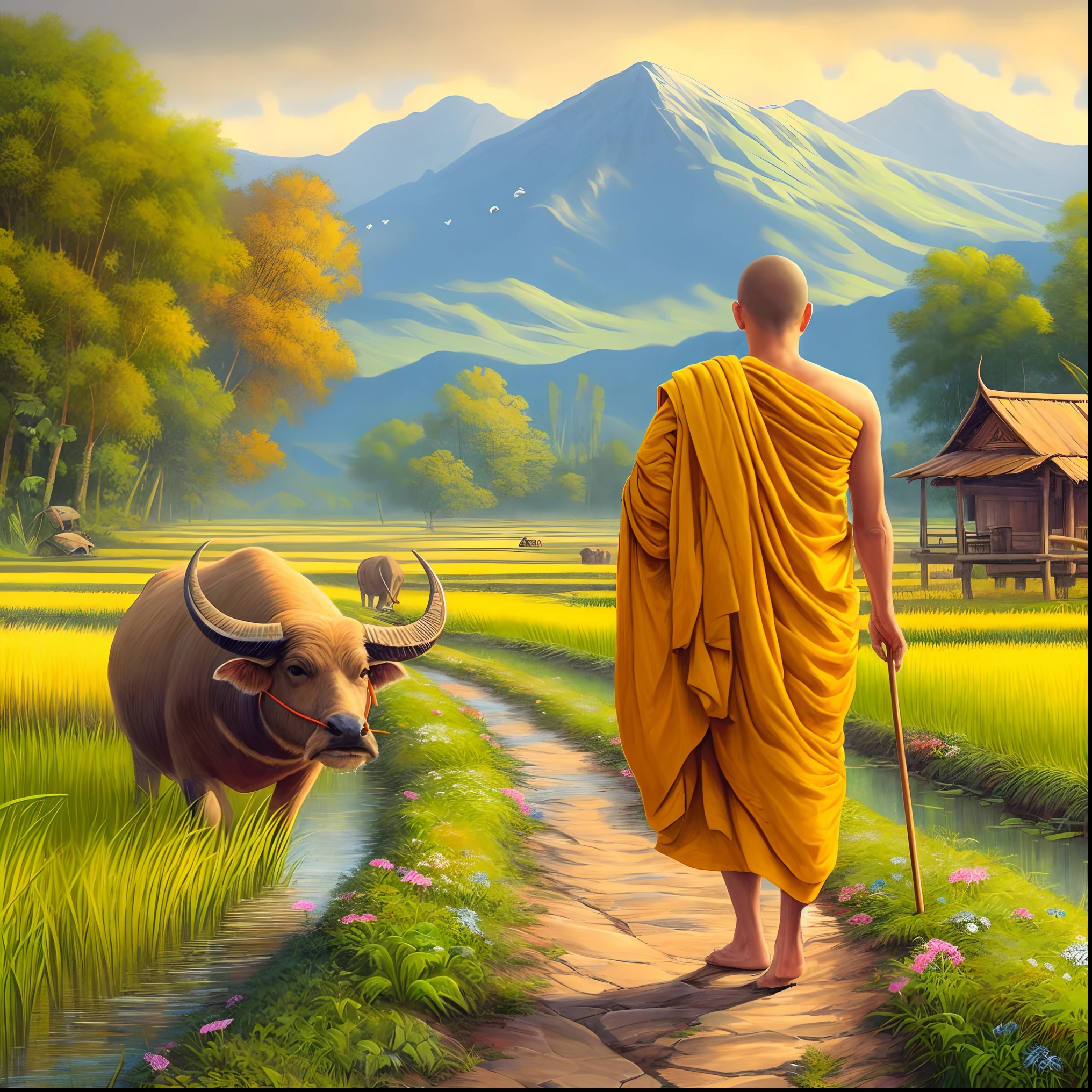 painting of a monk walking down a path with a buffalo, on path to enlightenment, buddhism, buddhist, monk, on the path to enlightenment, buddhist monk, monk meditate, samsara, buddhist monk meditating, serene expression, 2 1 st century monk, mobile wallpaper, thailand art, amazing wallpaper, serene scene, monk clothes, hd wallpaper, stoic and calm
