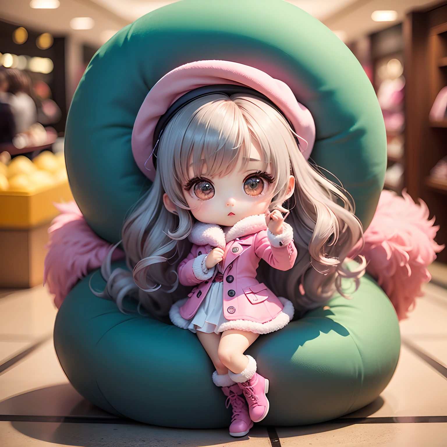 ​masterpiece、top-quality、ultra-detailliert、(Chibi Chara's Daughter:1.2)、Gray curly hair、Pink fluffy boa coat、Pink fluffy boa boots、Pink fluffy bois beret、heart motif、heart statuette、shopping mall、🛍️