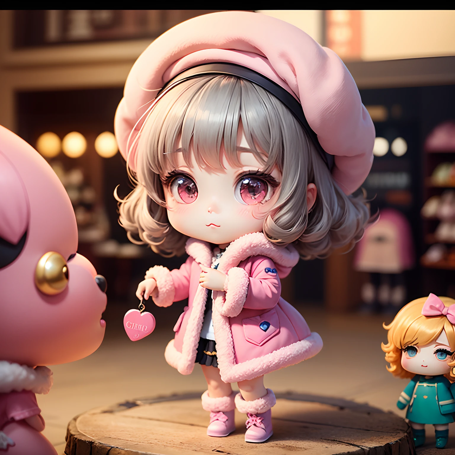 masterpiece、top-quality、ultra-detailliert、(Chibi Chara's Daughter:1.2)、Gray curly hair、Pink fluffy boa coat、Pink fluffy boa boots、Pink fluffy bois beret、heart motif、heart statuette、shopping mall、🛍️