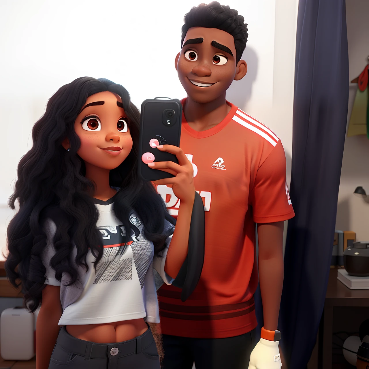 Mulher morena, cacheada, homem negro camiseta vermelha, estilo disney pixar,  alta qualidade, melhor qualidade