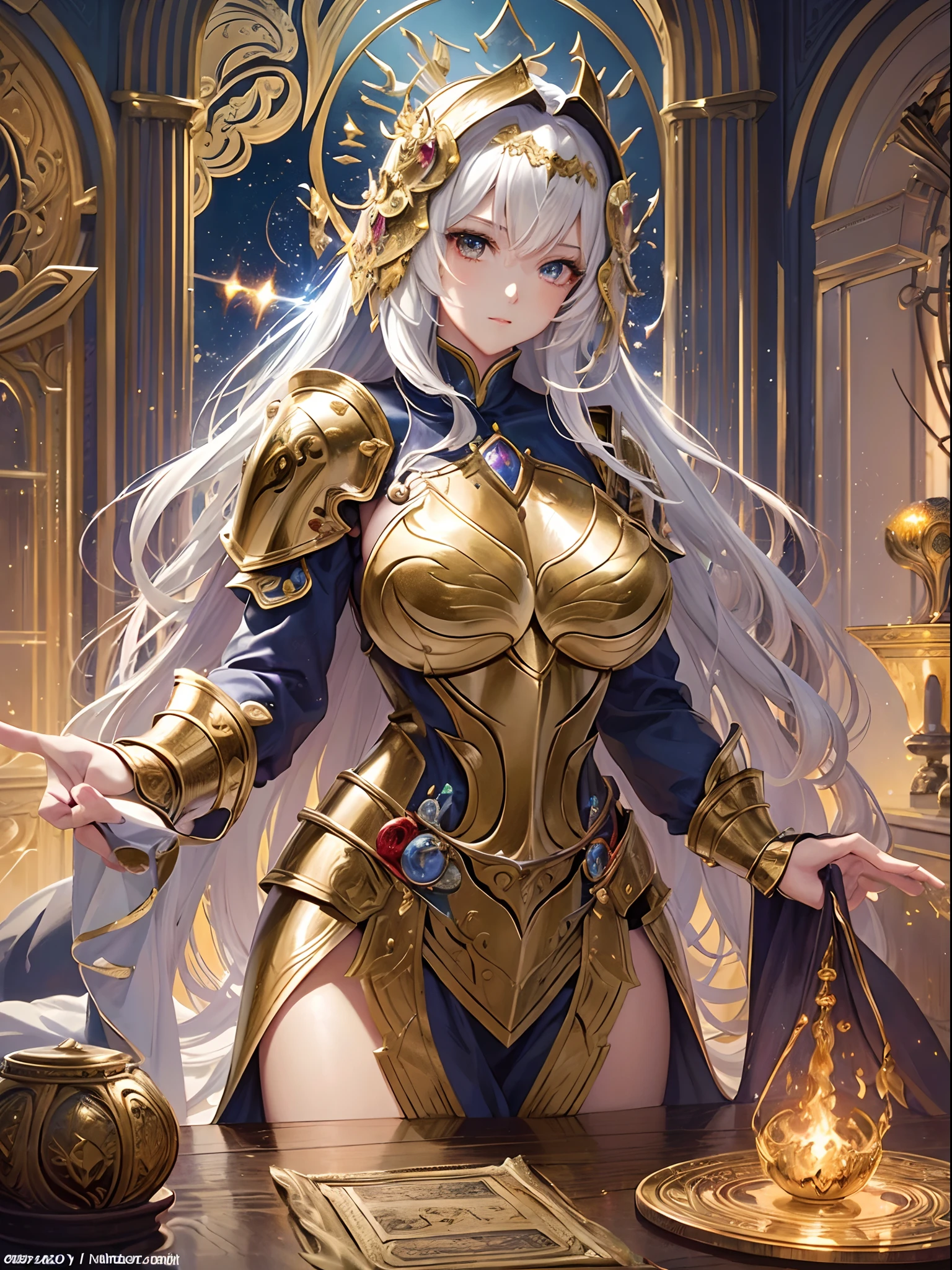 (Best quality, 8K, Masterpiece:1.3, 1girl, Beautiful girl), cute, Dynamism, Detailed face, Detailed skin, detailed clothes, Detailed eyes, Detailed lips, Detailed tongue, Detailed fingers, Detailed mouth, Photorealistic, Raw photo, highres, hight resolution, Natural lighting, dynamic pose, perfect anatomy, toned legs, double eyelids, tear bags, round eyes, moist lips, sweaty, (Saint Seiya Armor), shiny gold armor, messy hair, Sparkle, god light, High-gloss armor, skirt, golden light, decorative large shoulder armor, leg armor, gorgeous armor, sanctuary, ecstatic face, ahegao, looking at viewer, from above
