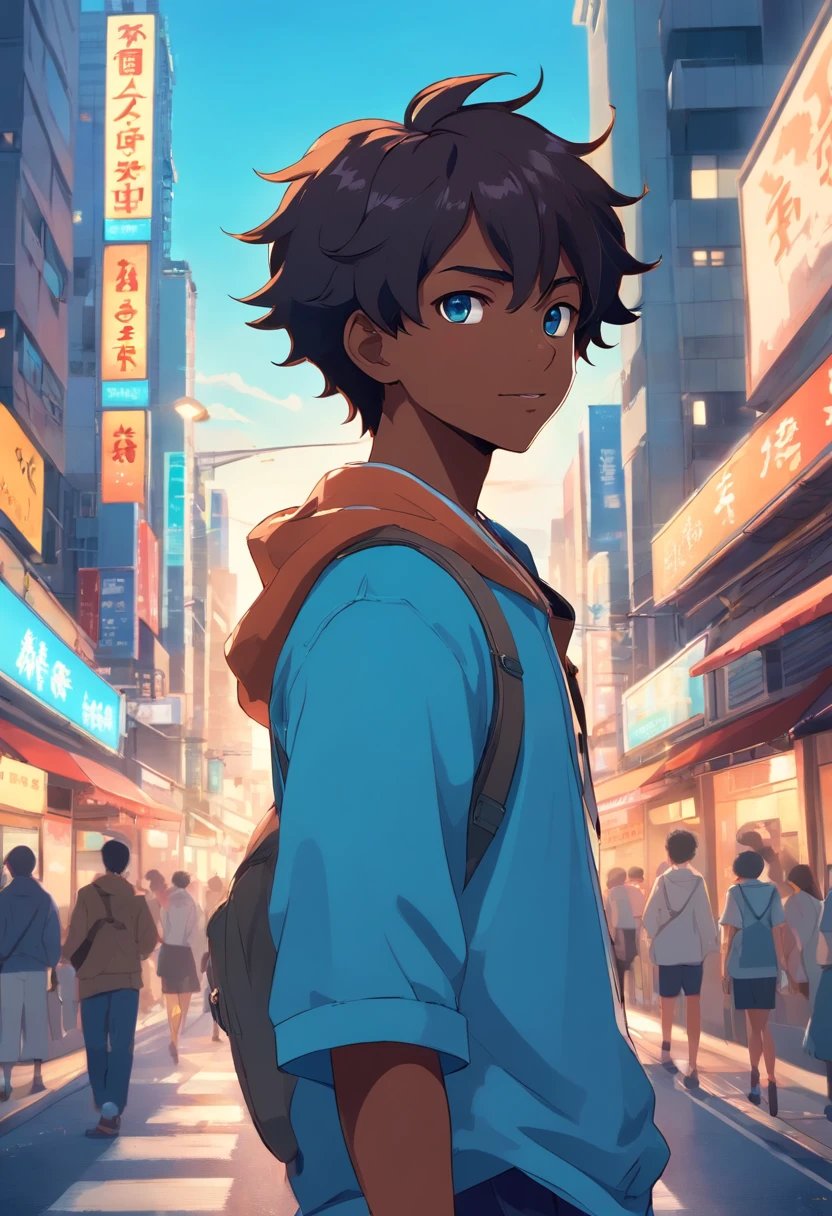 A black boy, Transform into an anime style, Exaggerate unique facial features and clothing, Light blue eyes and dark curls, Stand on the bustling city streets, The backlit background highlights the subject, High-contrast colors, 4K HD quality，Young, Smiling, Handsome