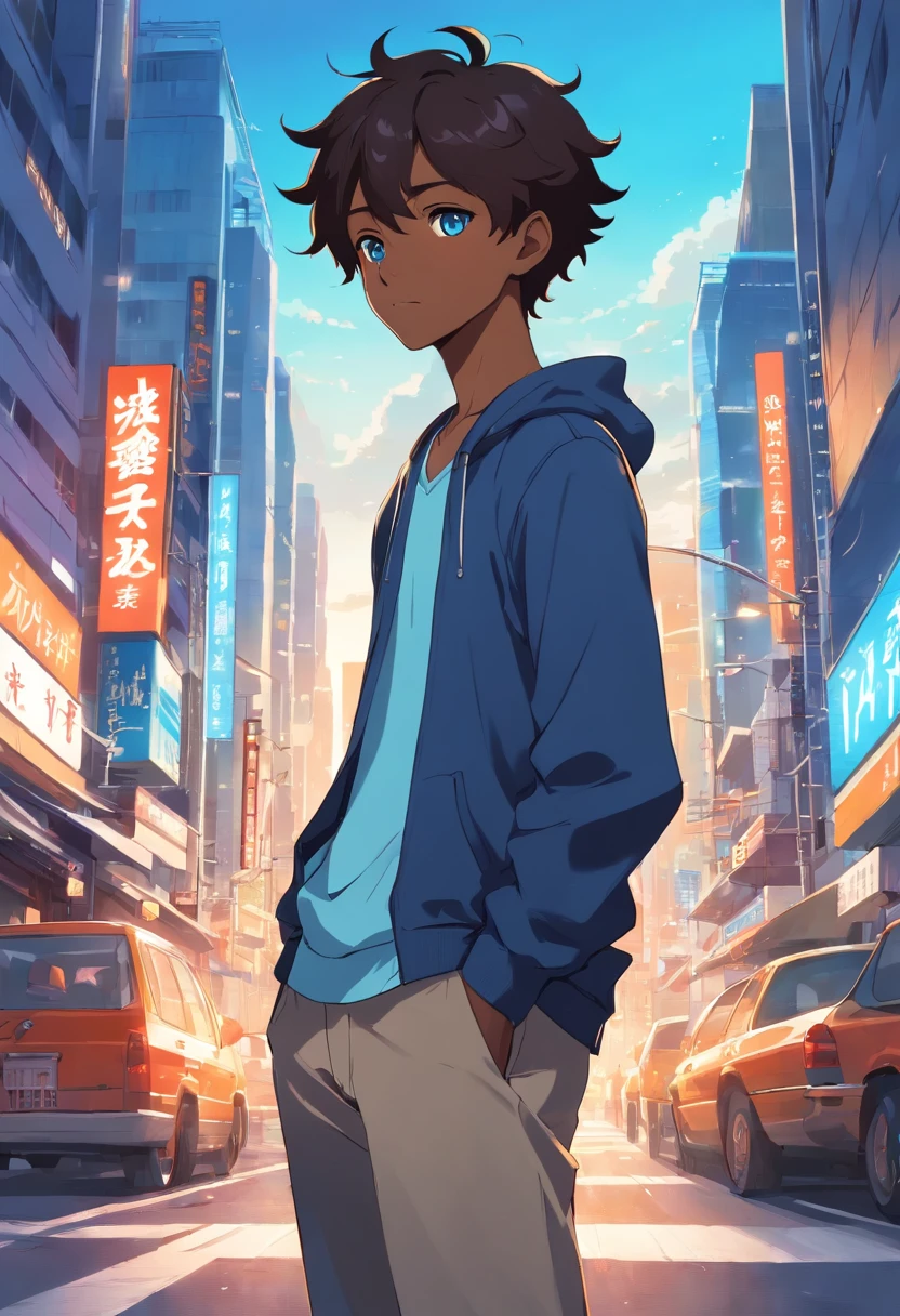 A black boy, Transform into an anime style, Exaggerate unique facial features and clothing, Light blue eyes and dark curls, Stand on the bustling city streets, The backlit background highlights the subject, High-contrast colors, 4K HD quality，Young, Smiling, Handsome