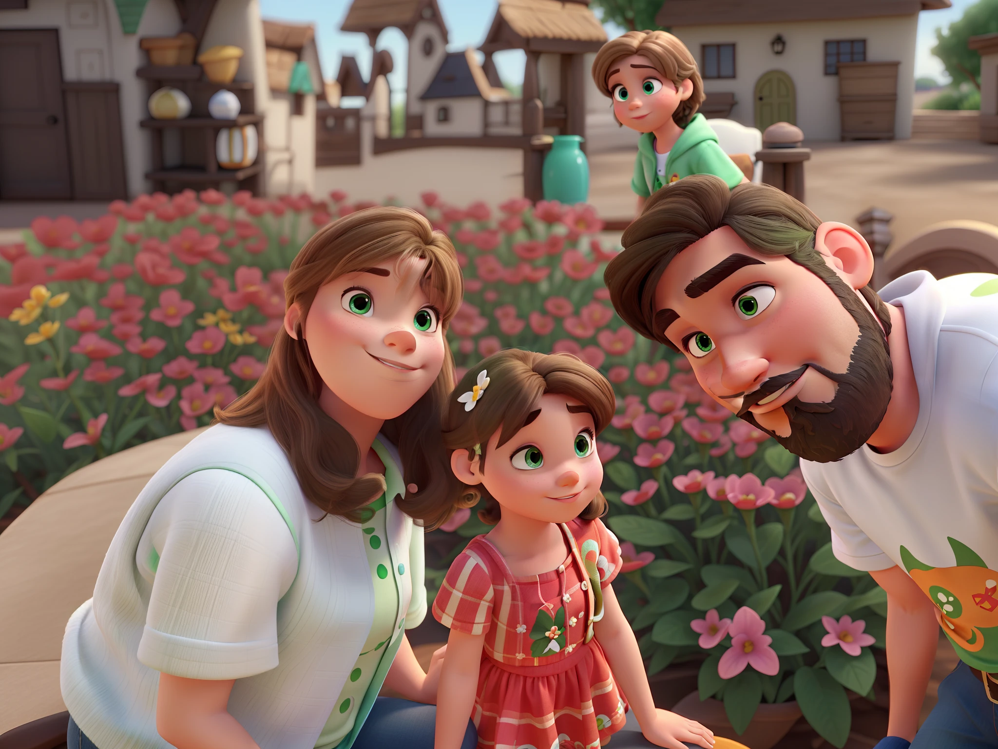 Family disney style Pixar best quality high quality. Homem branco, cabelo curto preto com barba, White Woman Light Brown Hair Green Eyes Medium Hair With A Flower On The Left Side, White Girl Child, olhos e cabelos castanhos