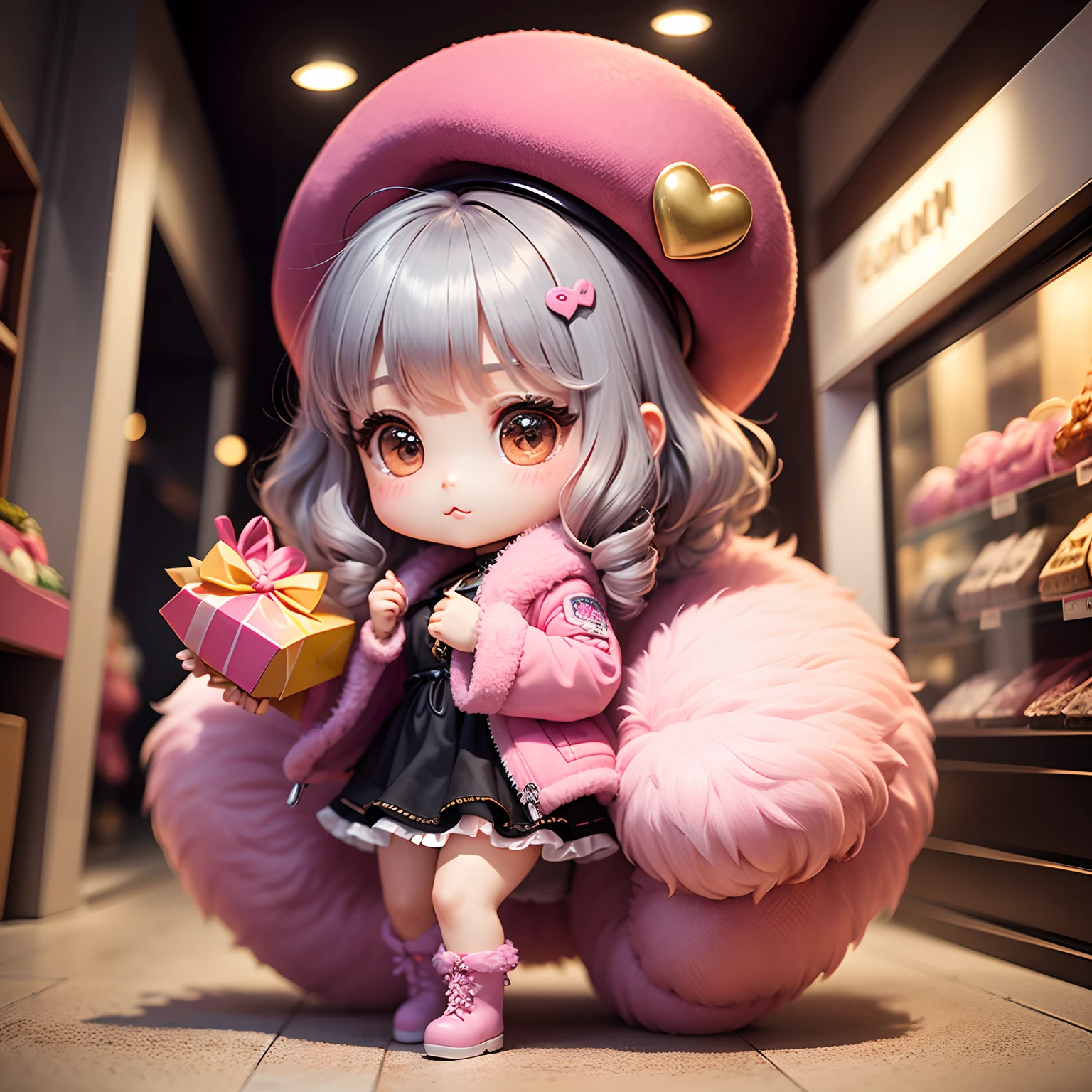 masterpiece、top-quality、ultra-detailliert、(Chibi Chara's Daughter:1.2)、Gray curly hair、Pink fluffy boa coat、Pink fluffy boa boots、Pink fluffy bois beret、Heart motif、Statuette of the Heart、shopping mall、🛍️