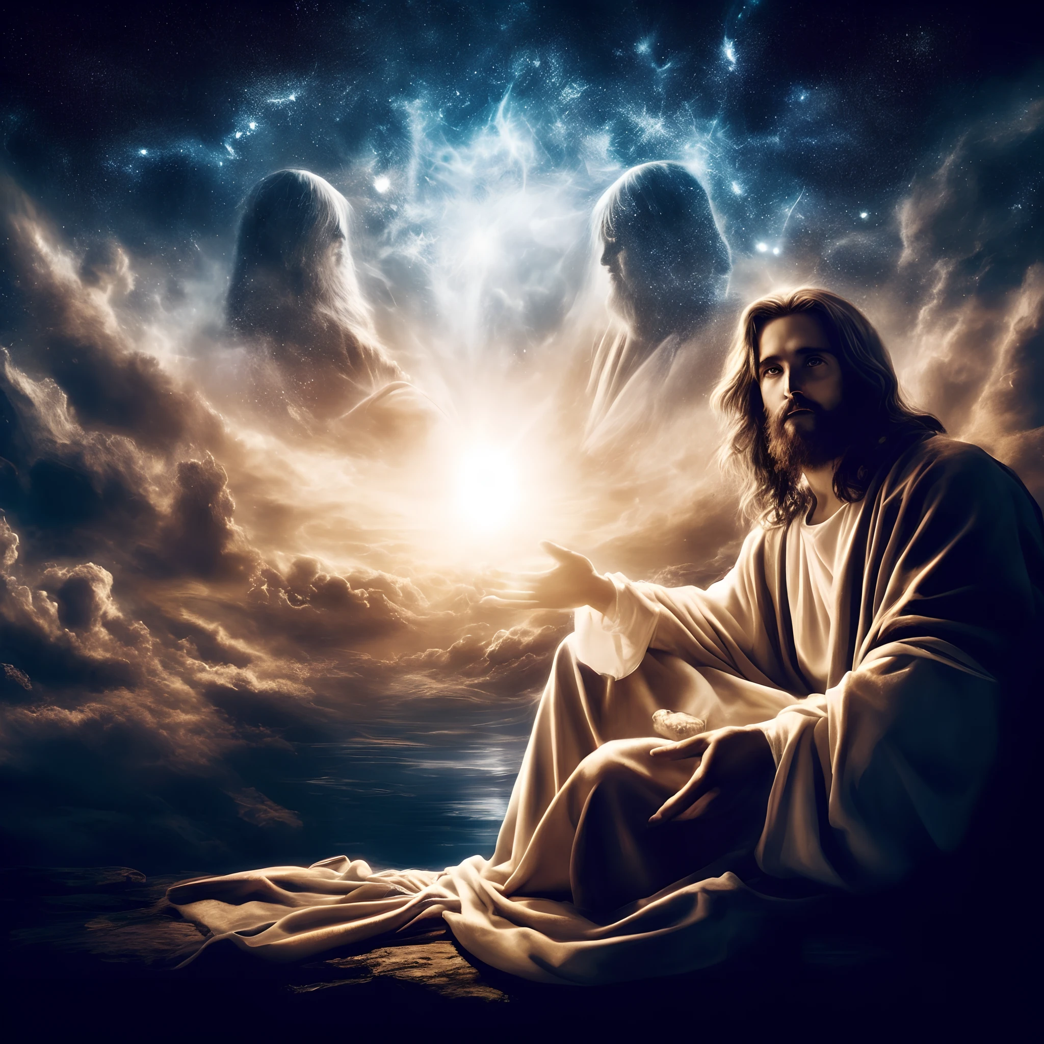 Jesus sitting on a rock with a background of heaven, Jesus Cristo, sua mente contemplando a eternidade, Deus olhando para mim, Jesus, O Senhor e Salvador, Segunda vinda, dramatic lights spiritual scene, godly and ethereal, Greg Olsen, imagens religiosas, heaven on earth, luz celestial, DEUS\'s creation, esoteric equation heaven, um fundo espiritual abstrato, Luz majestosa