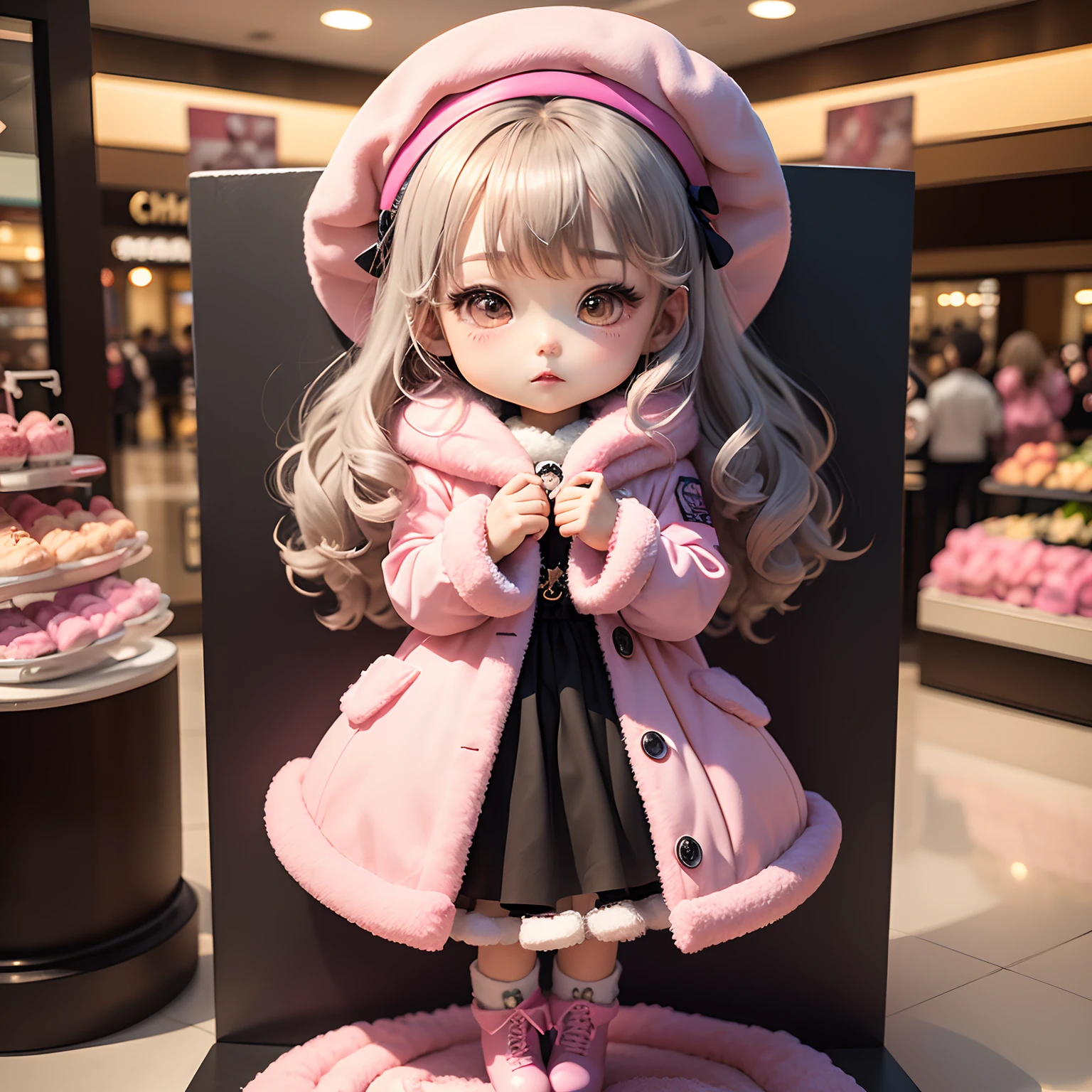 ​masterpiece、top-quality、ultra-detailliert、(Chibi Chara's Daughter:1.2)、Gray curly hair、Pink fluffy boa coat、Pink fluffy boa boots、Pink fluffy bois beret、Heart motif、Statuette of the Heart、shopping mall、🛍️
