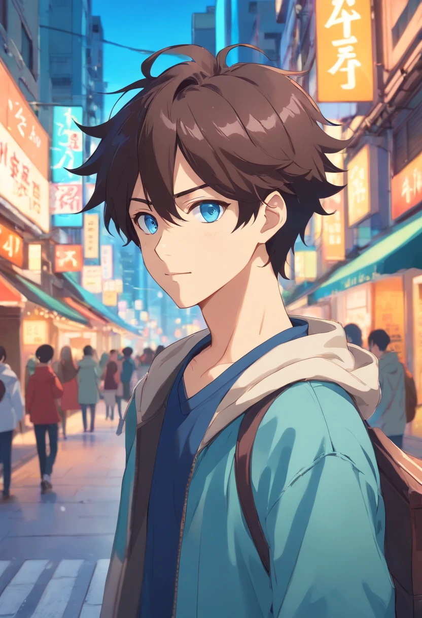 A boy with, Transform into an anime style, Exaggerate unique facial features and clothing, Light blue eyes and dark curls, Stand on the bustling city streets, The backlit background highlights the subject, High-contrast colors, 4K HD quality,Young, Smiling, Handsome