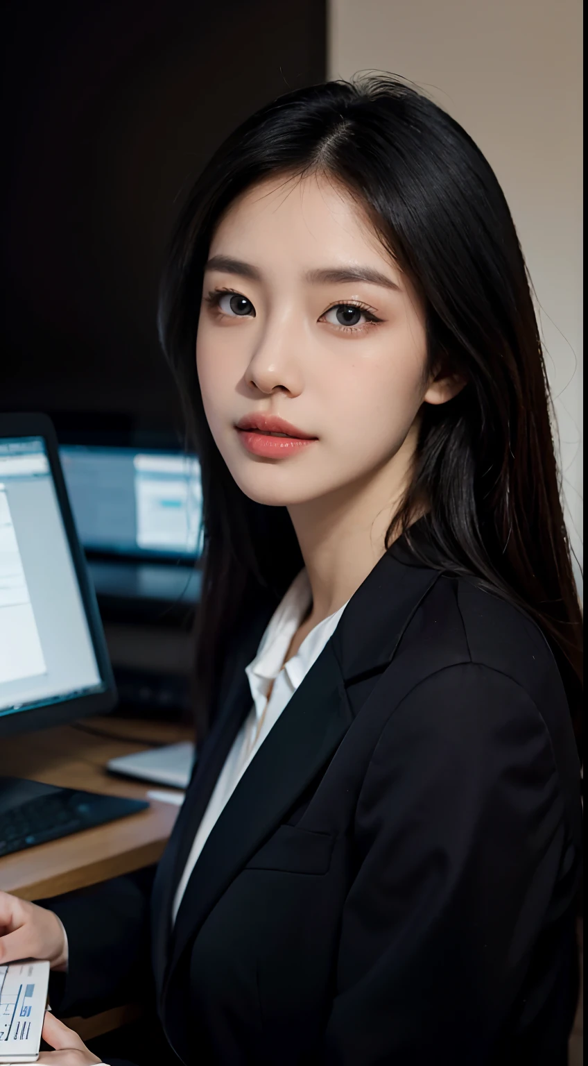 high resolucion, Realistic portrait of a professional Korean office lady with perfect skin, Professional Suit, Show confidence and maturity, Surrounded by a modern corporate environment.., Vivid highlights, natural lighting. The work should emphasize her graceful facial features, Attractive long eyes included, Fluttering eyelashes and seductive lips. The scene should be enhanced with elements of professionalism and visual appeal，For example, Stylish work desk, Mainframe computers, High-resolution display, and complex stationery. The overall tone should be warm and professional, It has a soft and natural color palette.. The work should exude professionalism, success, Cultural pride.