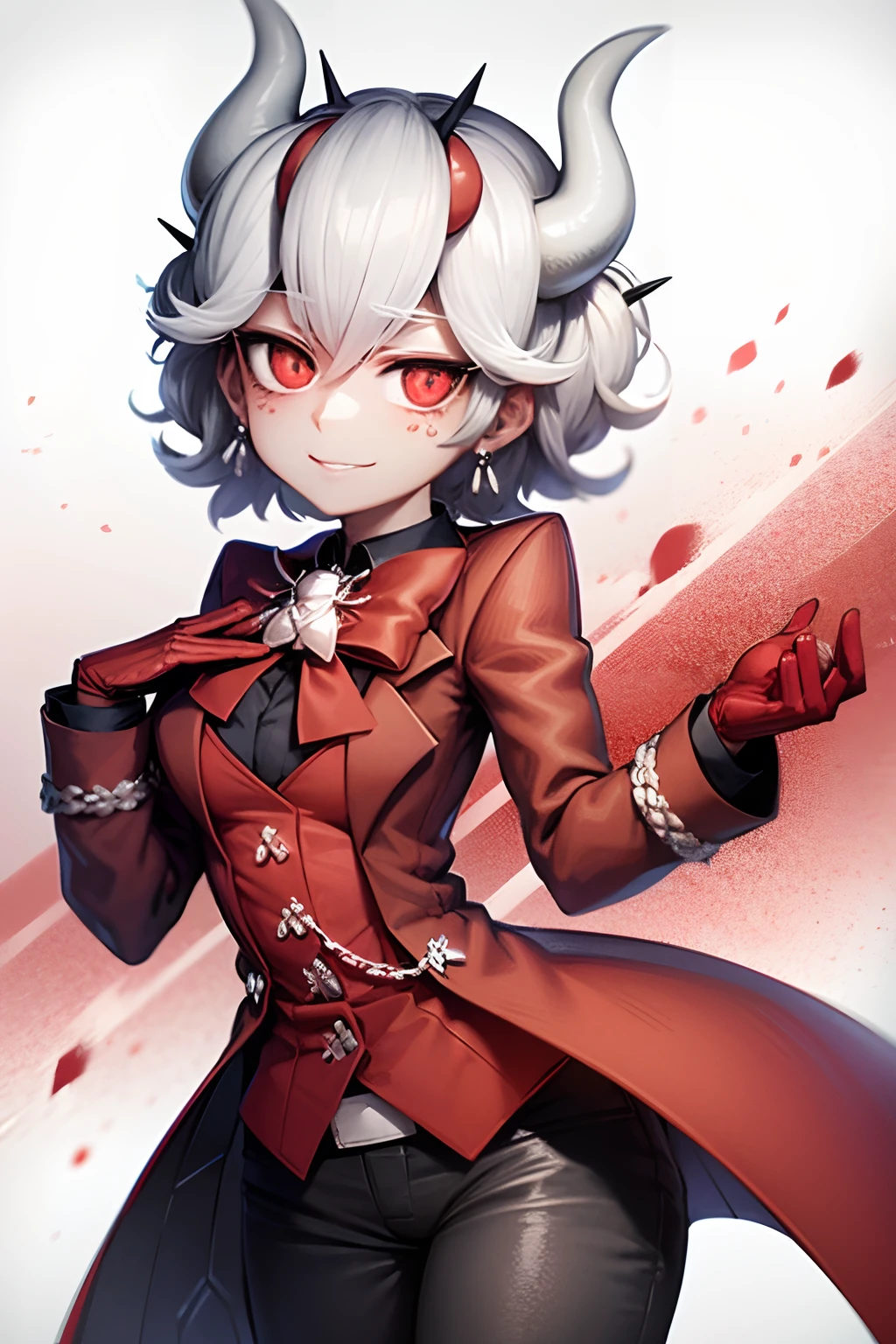 beelzebub(helltaker), red bowtie, white background, 1girl, suit, looking at viewer, red eyes, jacket, demon horns, white hair, vest, red bow, shirt, formal, bow, upper body, waistcoat, smile, earrings, closed mouth, demon girl, red gloves, black shirt, bowtie, gloves, jewelry, simple background, red jacket, horns, white horns, solo, hair between eyes, short hair