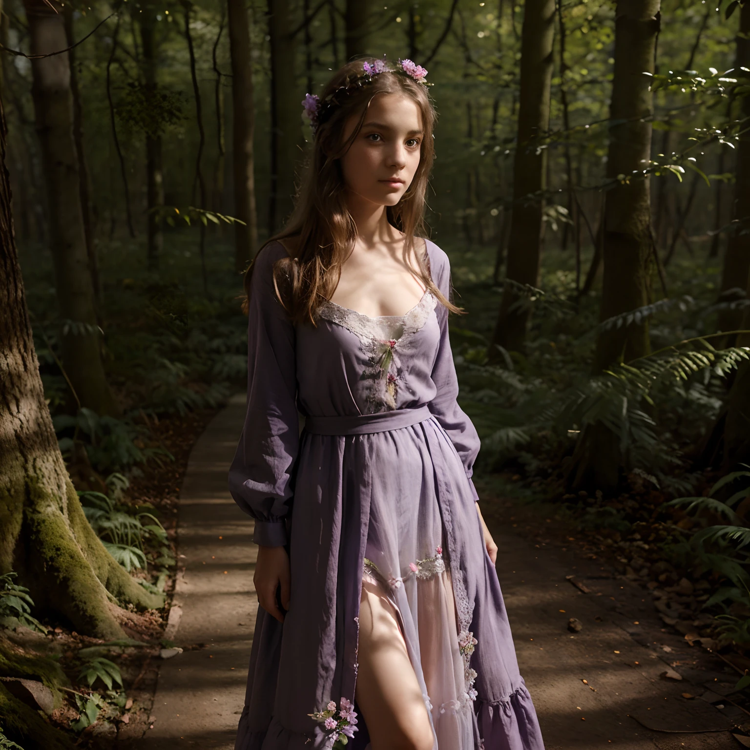 Jeune fille de 12 ans aux longs cheveux bruns et aux yeux verts pétillants. Elle porte une robe à fleurs violette avec des bottines marron se promène dans la forêt