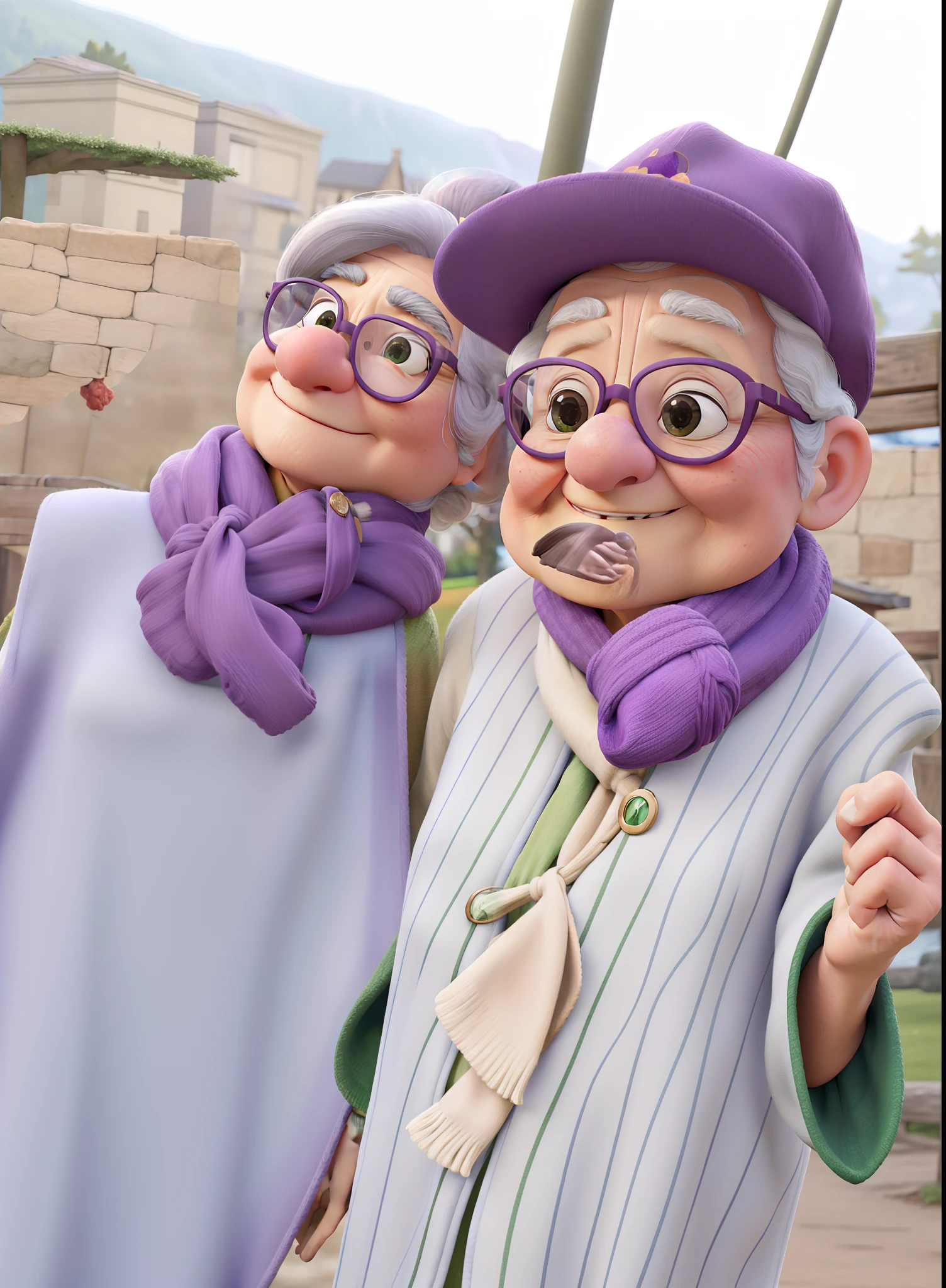 masterpiece, best quality, an old woman with glasses and a scarf on, wearing a purple coat and green scarf, standing at the park
