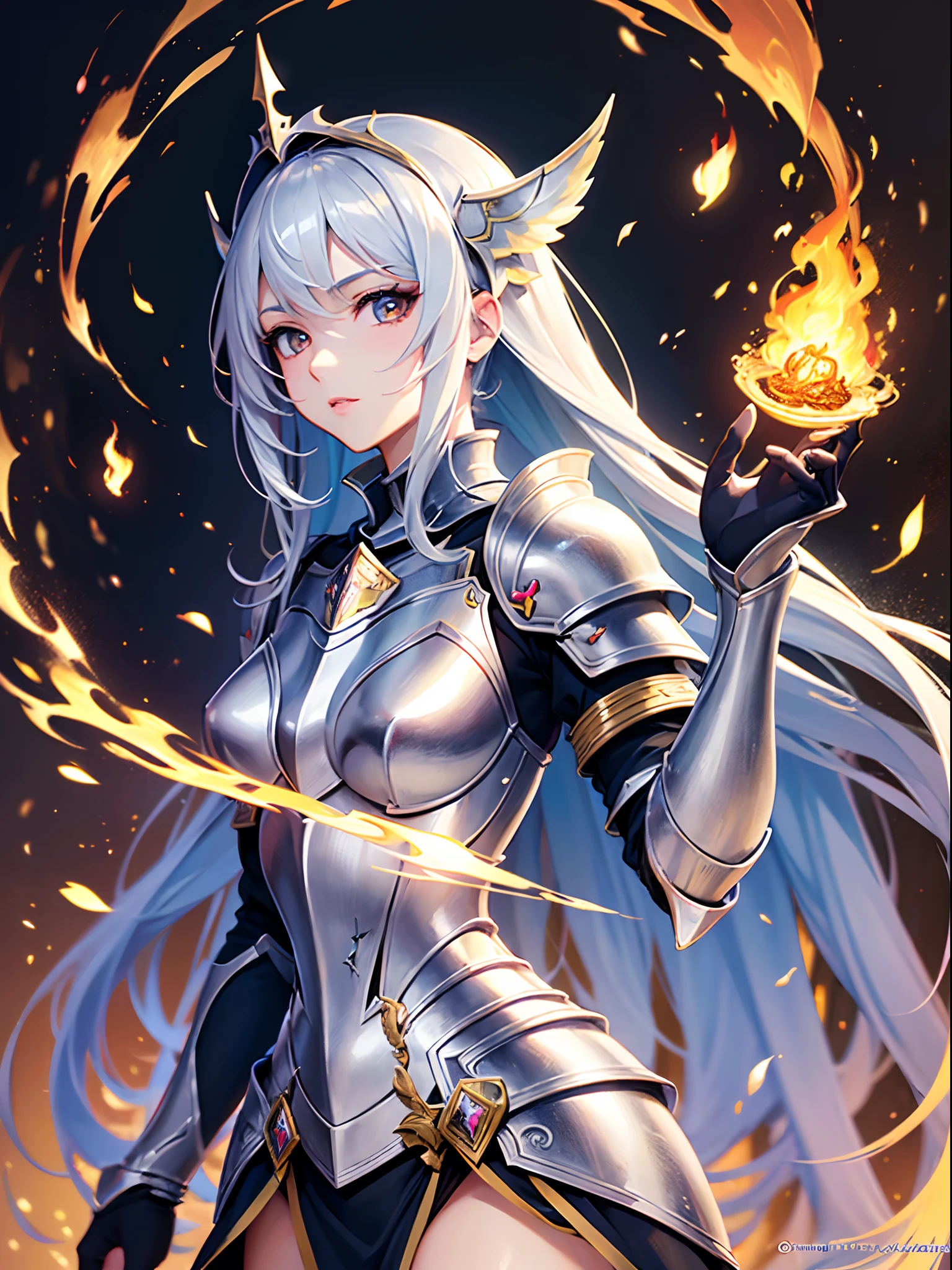 Finest quality)),(超A high resolution),(ultra-detailliert),(Meticulous portrayal),((Best Anime)),(Finest works of art),sharpnes,Clair,Ultra-Precision Art,The art of astounding depiction,Beautiful fantasy art with intricate and detailed details, (Flowing light:1.3),(Flame diffused:1.3), (1 adult female:1.5),((Magic Knight:1.5)),(Magic armor with intricate and detailed beautiful reliefs),Posture:1.5