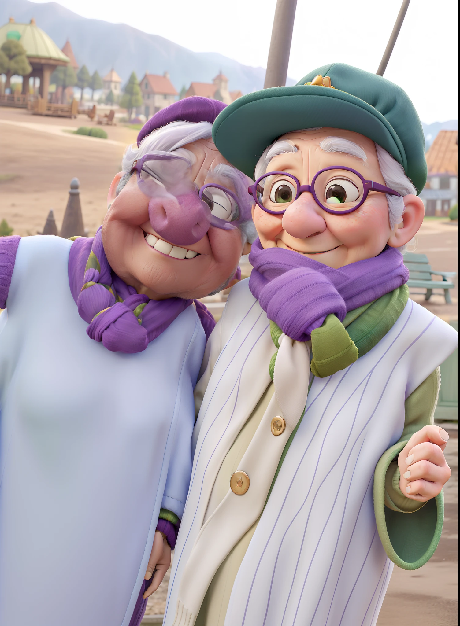 masterpiece, best quality, an old woman with glasses and a scarf on, wearing a purple coat and green scarf, standing at the park