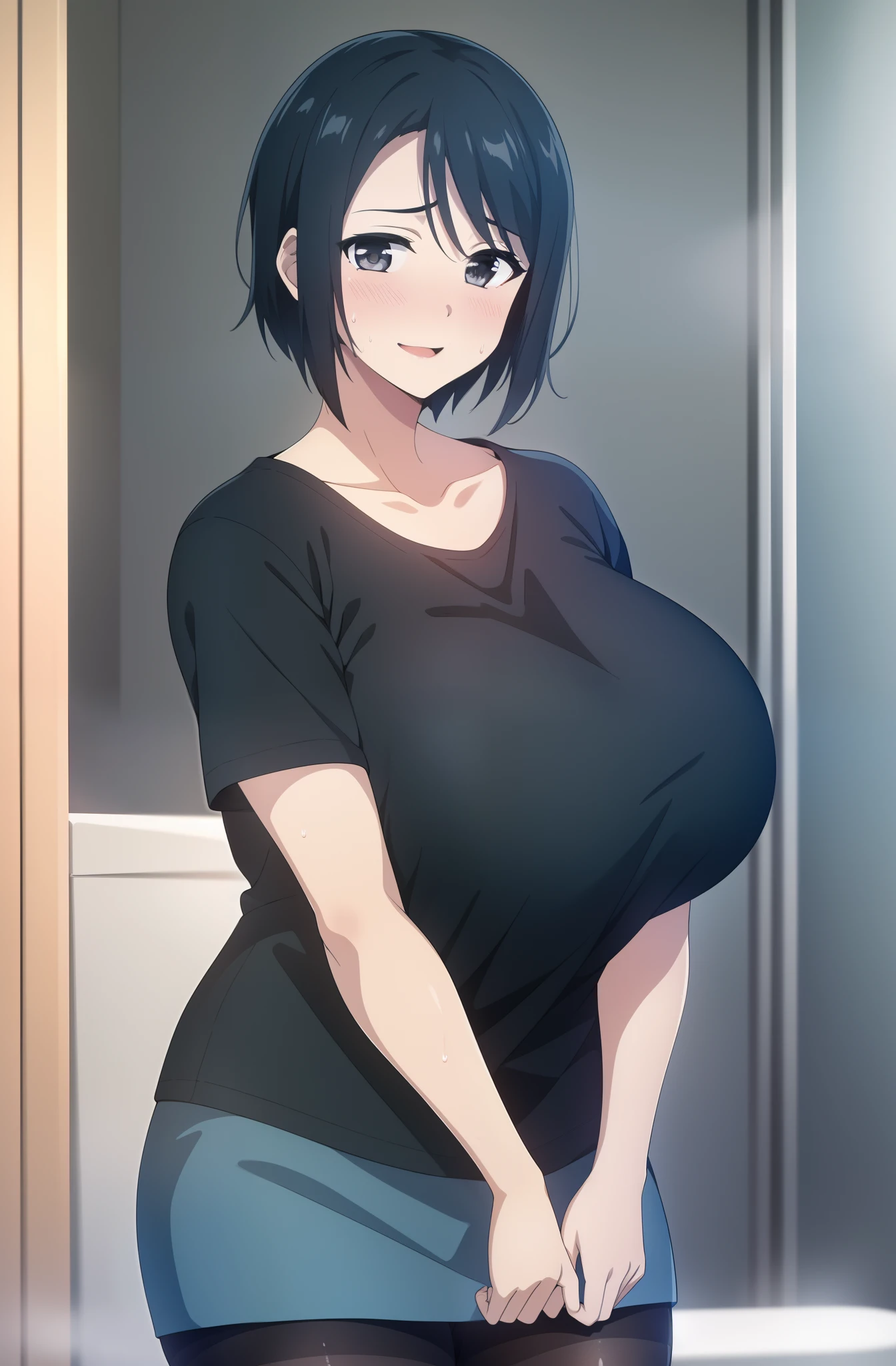 in a bathroom, 1girl, solo, looking at viewer, shameful expression, blush, happy, blushful, short hair, parted bangs, huge breasts, black shirt outside white shirt inside, loose shirt, pantyhose, black hair, collarbone, blue skirt, standing, sweatdrop, detailed black eyes, black shirt, opened mouth, curvy, sexy, official art, extremely detailed CG unity 8k wallpaper, Colorful, (masterpiece:1.0), (best_quality:1.0), ultra high res, 4K, ultra-detailed, photography, 8K, HDR, highres, absurdres:1.2, film grain, blurry background, bokeh:1.2,