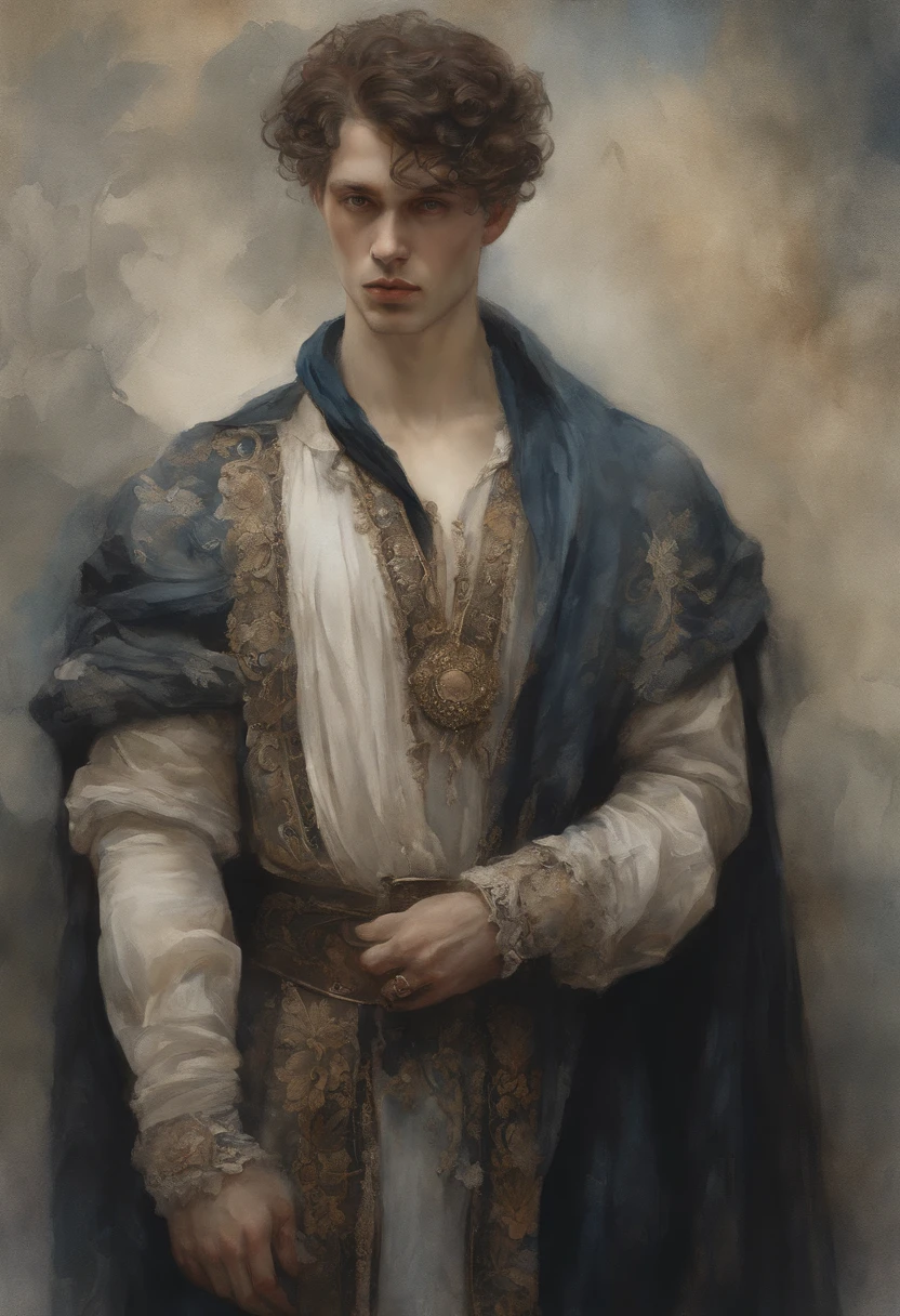 A highly defined, super detailed watercolor painting of A masculine man like the one in the photo with torn clothes, dark background, gothic, Anthropomorphic male, male figure, detailed cover art, Like a god of flowers, In the style of Gustave Kilmut, Acentos Arte Nova, Alphonse Mucha, Gustavo Klimt, pale bluish skin, a marble sculpture, CGSesociedade, gothic art, Arte Nova, Winner of the Behance contest