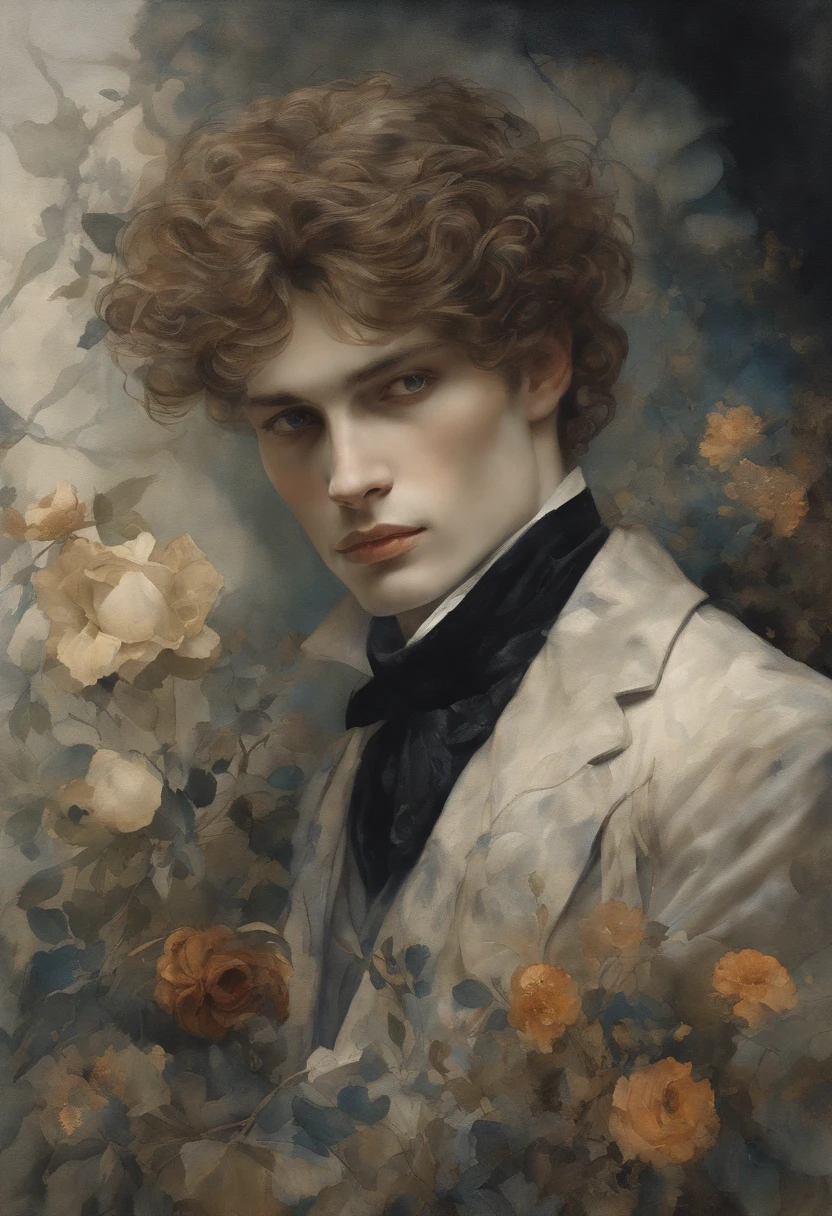 A highly defined, super detailed watercolor painting of A masculine man like the one in the photo with torn clothes, dark background, gothic, Anthropomorphic male, male figure, detailed cover art, Like a god of flowers, In the style of Gustave Kilmut, Acentos Arte Nova, Alphonse Mucha, Gustavo Klimt, pale bluish skin, a marble sculpture, CGSesociedade, gothic art, Arte Nova, Winner of the Behance contest