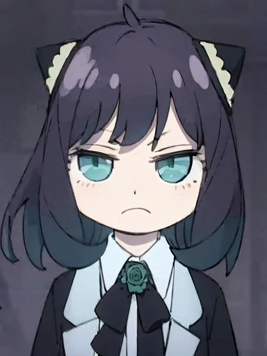 Closeup of cartoon character with cat ears and bow, anime art moe style, in animated tone, with huge bright sad eyes, anime catgirl, nefelpitou, black clothes and tie, 4K image