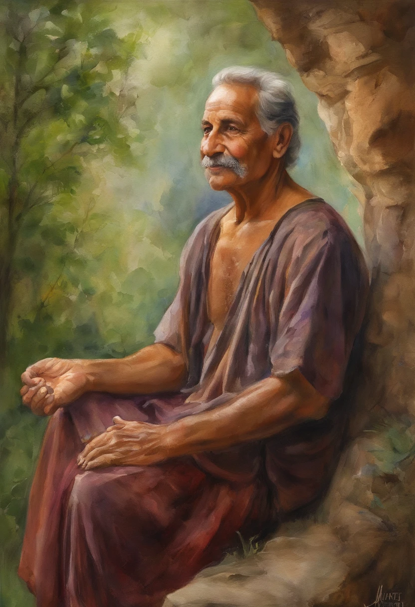Um homem velho sentado em agradecimento, Expressing gratitude, sentado no alto de uma montanha, paisagem linda, demonstrando espiritualidade, cinematografic, imagem 8k, roupas cobrindo todo o corpo, Hands close to each other, meditation, agradecimento, cabelos calvos, sereno, Showing Gratitude, olhos entre abertos, pernas encolhidas, sentado, rosto levemente levantado para o alto, mas na altura do peito, cabelos calvos, homem cubano, sul americano, gratitude.