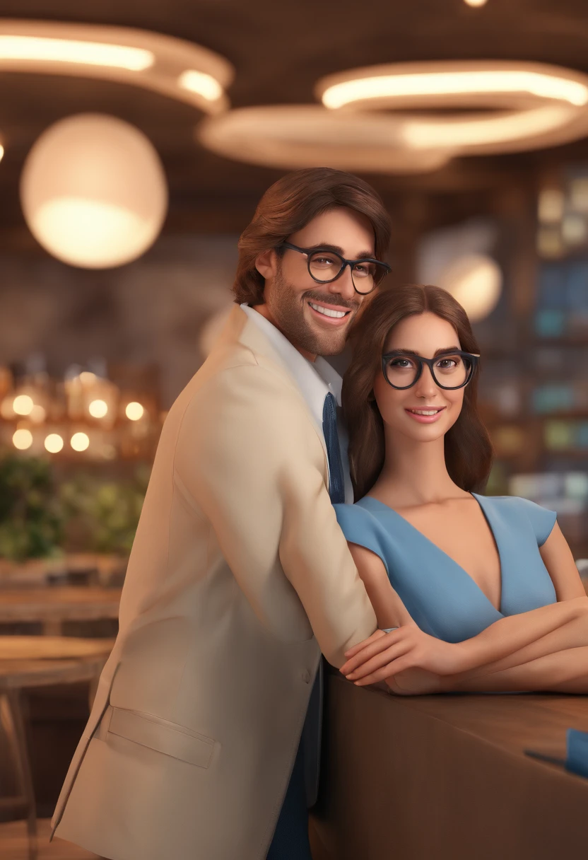 Couple in restaurant slim man in glasses brown hair, olhos castanhos pele branca e sorridente e de camisa azul, mulher cabelos compridos castanhos lisos, olho mel, sorridente, pele branca e blazer preto