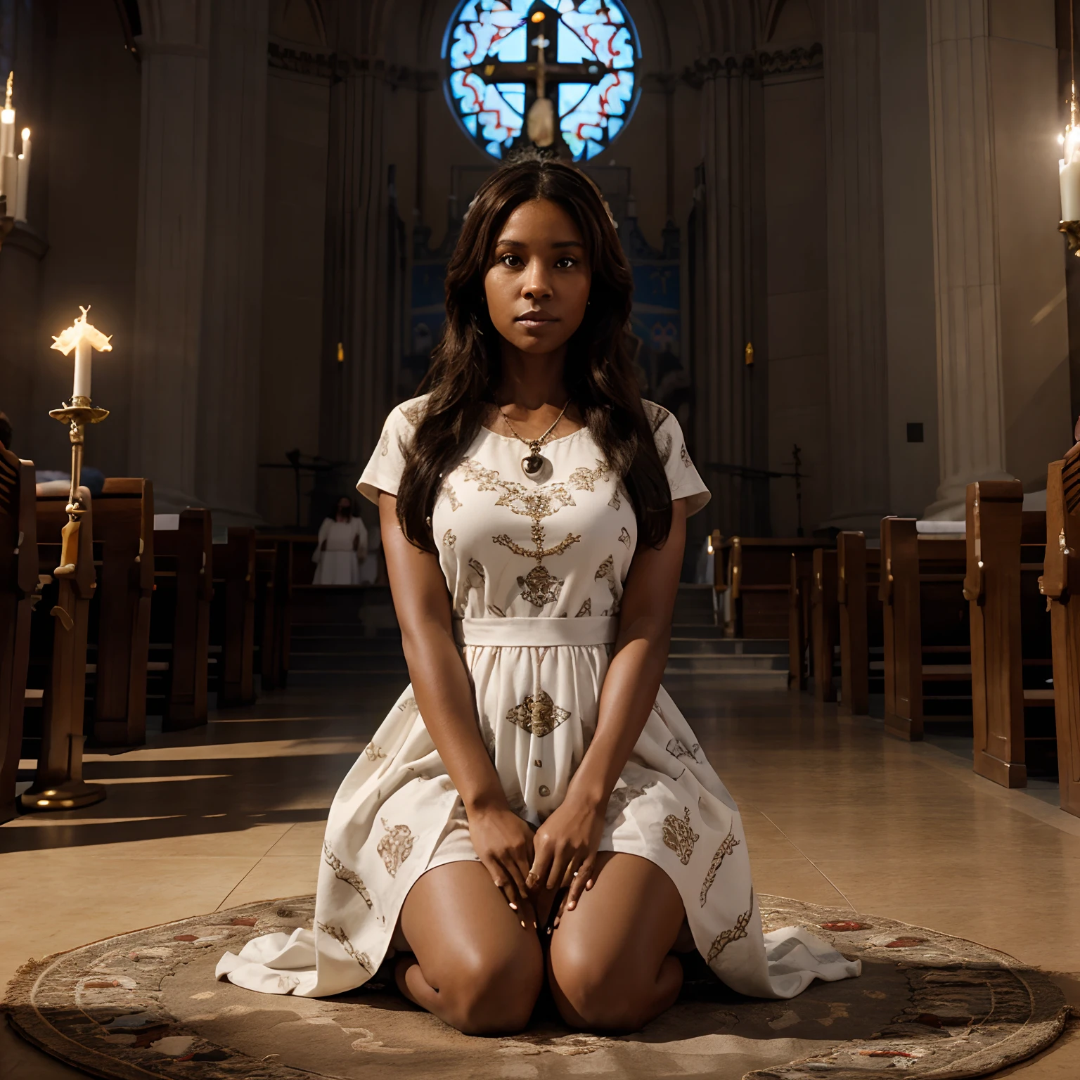 Disney Pixar Style 3d Poster of 40 Year Old Woman Dark Medium Skin, Long brown hair, white heart-printed dress, kneeling at the altar of a Catholic church with the rosary in her hands, in front of the image of Our Lady of Grace