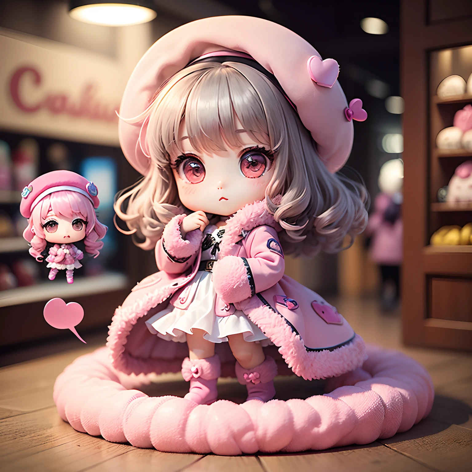 masterpiece、top-quality、ultra-detailliert、(Chibi Chara's Daughter:1.2)、Gray curly hair、(Pink fluffy boa coat:1.2)、(Pink fluffy boa boots:1.2)、(Pink fluffy bois beret:1.2)、(Pink heart motif:1.3)、Pink heart statuette:1.3)、shopping mall、🛍️
