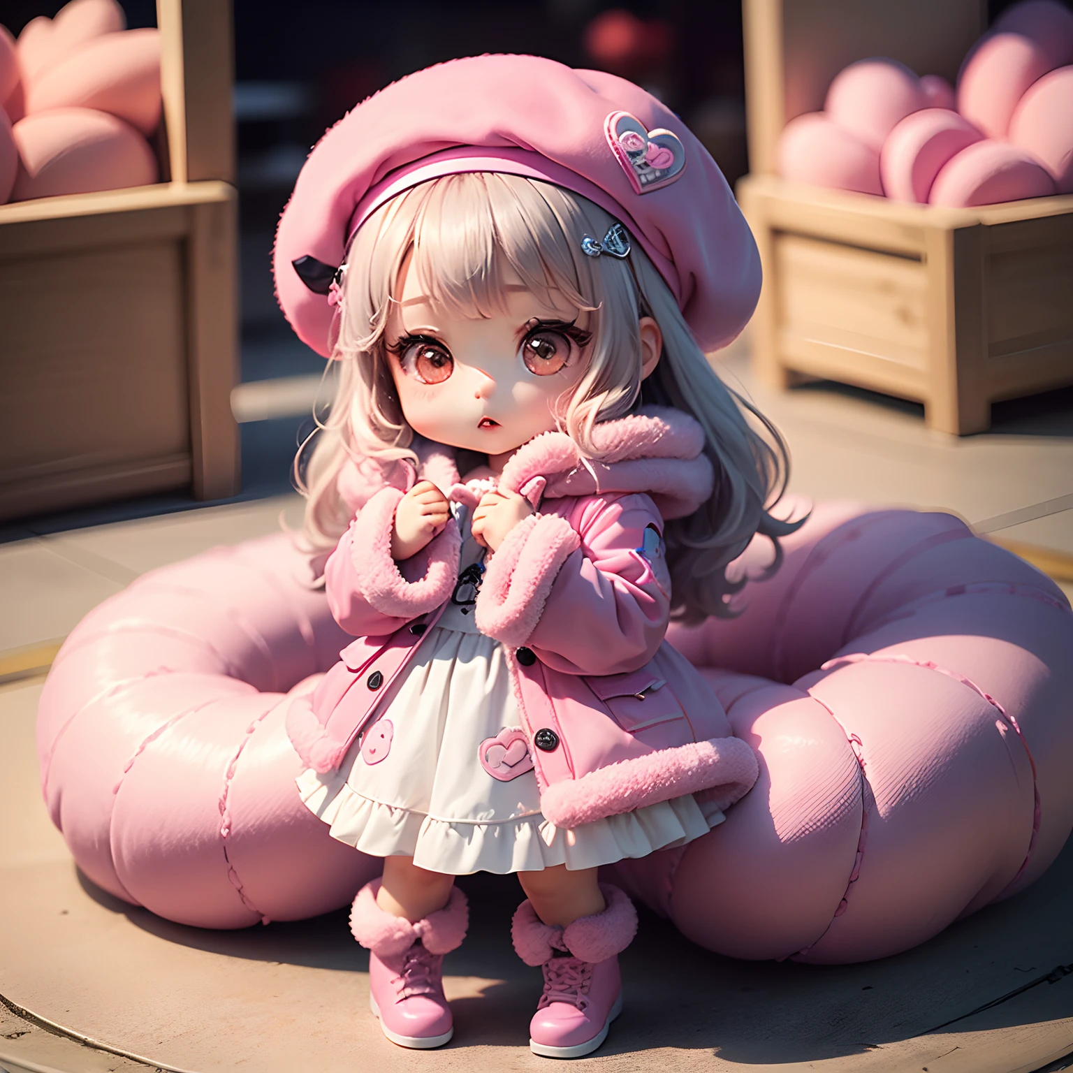masterpiece、top-quality、ultra-detailliert、(Chibi Chara's Daughter:1.2)、Gray curly hair、(Pink fluffy boa coat:1.2)、(Pink fluffy boa boots:1.2)、(Pink fluffy bois beret:1.2)、(Pink heart motif:1.3)、Pink heart statuette:1.3)、shopping mall、🛍️