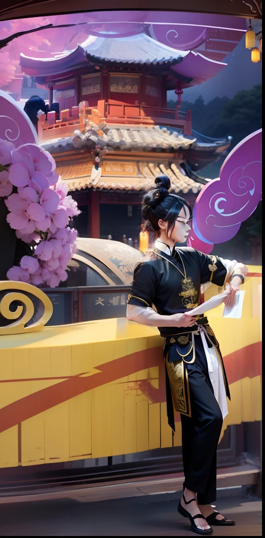 Chinese style young man,whaite hair,black toga,