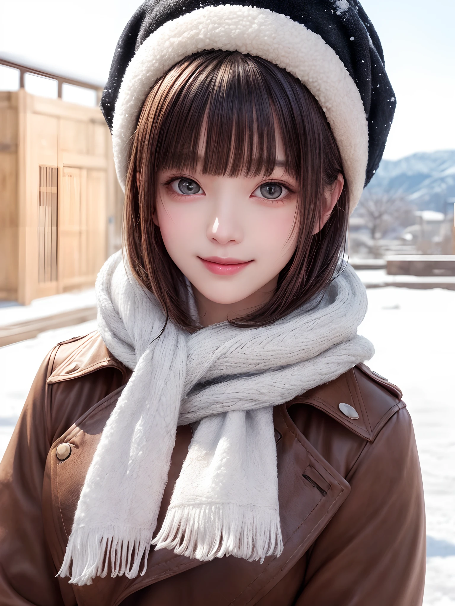 (masterpiece, top-quality),1girl in, 独奏, A dark-haired, scarf, Hats, realisitic, realisitic, looking at the viewers, black eyes of light color, shorth hair, Brown coat, Winter clothes, White headscarf, s lips, bangss, plein air, a closed mouth, The upper part of the body、big eye、Lashes、((Beautiful landscape with sparkling snow))、(((Shorthair with bangs、big eye、large full breasts、gazing at viewer、Beautiful beauty、Put your ears out、long neck、little smiling、Close your mouth and smile)))、