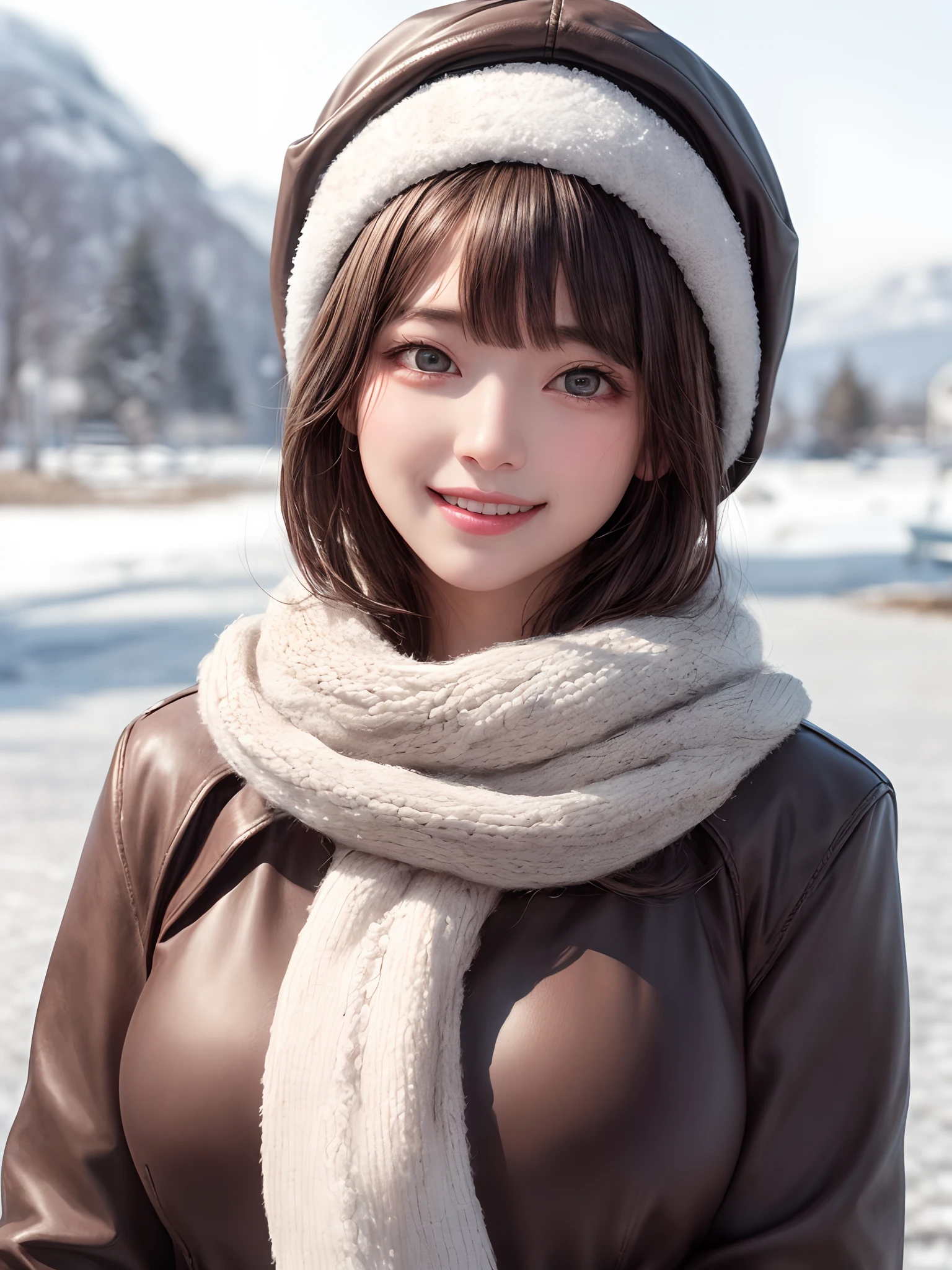 (masterpiece, top-quality),1girl in, 独奏, A dark-haired, scarf, Hats, realisitic, realisitic, looking at the viewers, black eyes of light color, shorth hair, Brown coat, Winter clothes, White headscarf, s lips, bangss, plein air, a closed mouth, The upper part of the body、big eye、Lashes、((Beautiful landscape of sparkling snow))、(((Shorthair with bangs、big eye、large full breasts、gazing at viewer、Beautiful beauty、Put your ears out、long neck、little smiling、Close your mouth and smile)))、