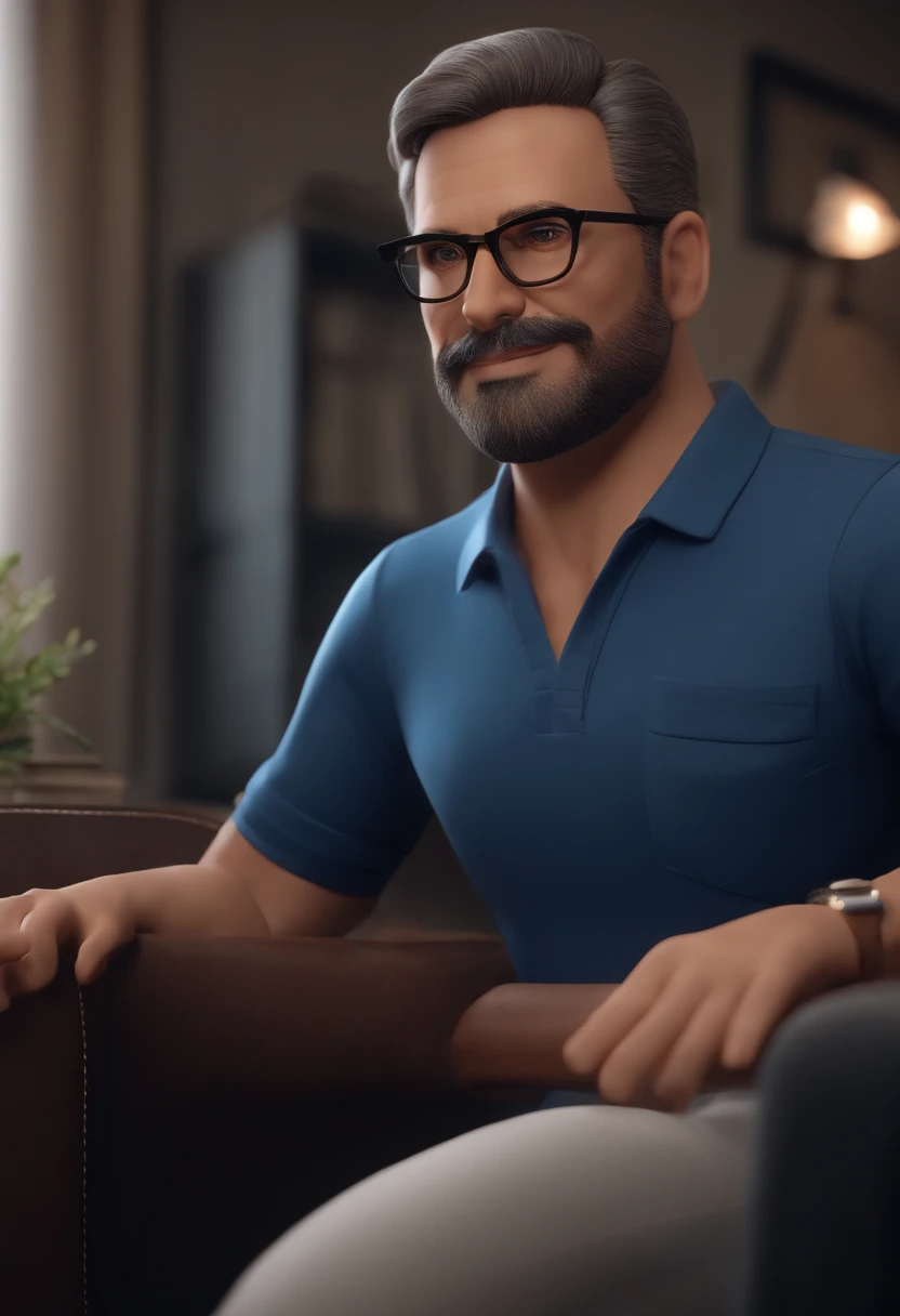 A imagem mostra um homem careca com barba preta sentado em uma cadeira, Wearing a blue shirt and sunglasses. It is positioned in front of a large potted plant, that is placed on the ground. A planta parece ser uma planta de bambu, Adding a touch of greenery to the scene. O homem parece estar aproveitando seu tempo, possivelmente fazendo uma pausa ou relaxando na sala. animation character, Caractere estilizado, animation style rendering, 3D estilizado, Arnold Maya render, 3 d render stylized, toon render keyshot, Personagem 3D, Personagem 3D, 3d rendering stylized, 3 d character render, personagem de desenho animado, Personagem de close up, Pose de personagem,  (Estilo Pixar) (master part:1.2) (Bokeh) (best quality) (pele detalhada) (textura detalhada) (8k) (argila) (Cinematic lighting) (foco nítido