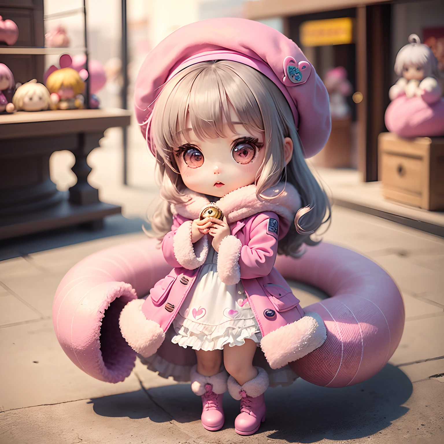 masterpiece、top-quality、ultra-detailliert、(Chibi Chara's Daughter:1.2)、Gray curly hair、(Pink fluffy boa coat:1.2)、(Pink fluffy boa boots:1.2)、(Pink fluffy bois beret:1.2)、(Pink heart motif:1.3)、Pink heart statuette :1.3)、shopping mall、🛍️