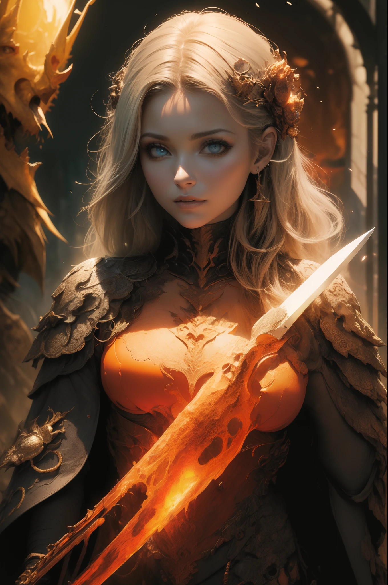 official art, unity 8k wallpaper, masterpiece, best quality, hair is turning into fire, hair is on fire, Fantasy, (light rayer:1.05), orange light particles, scenery, fire, Beautiful and detailed explosion, beautiful detailed glow, Flames burning around, Flames burning around, Fire feathers, burning, (burning forest:1.34), (bare trees:1.05), ashes, (red sun:1.05), (flame swirling around the character:1.1), solo, crazy_smile, (detailed:1.05), high resolution illustration, lustrous skin, colorful, (ultra-detailed:1.1), (illustration:1.05), (detailed light:1.05), (an extremely delicate and beautiful:1.1),alluring elf princess, depth of field, white_long_hair, orange_eyes, eyelashs, dark eyelashes, eyeliner, soft glowing eyes,