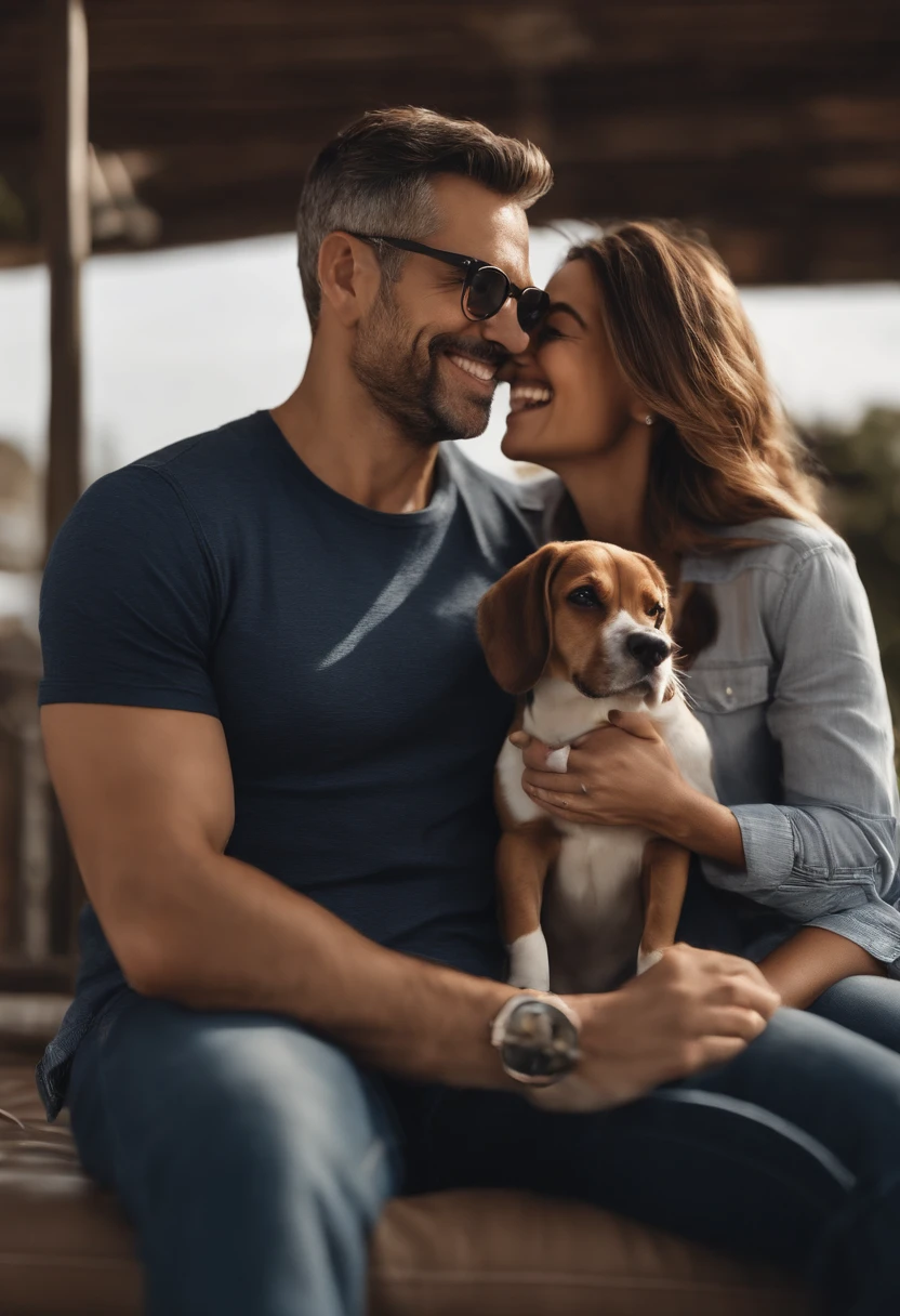Pixar. Casal com um filhote de cachorro beagle marrom. A menina tem os cabelos loiros amarrados, Camiseta cinza e jeans claro, white glasses. O menino de cabelos pretos com cabelos grisalhos, barba pequena, oculos, Dark blue jeans and gray t-shirt. They are both smiling and are 40 years old