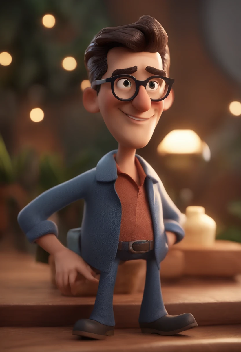 Cartoon character of a man with black glasses and a blue shirt, animation character, Caractere estilizado, animation style rendering, 3D estilizado, Arnold Maya render, 3 d render stylized, toon render keyshot, Personagem 3D, Personagem 3D, 3d rendering stylized, 3 d character render, personagem de desenho animado, Personagem de close up, Pose de personagem,  (Estilo Pixar) (master part:1.2) (Bokeh) (best quality) (pele detalhada) (textura detalhada) (8k) (argila) (Cinematic lighting) (foco nítido