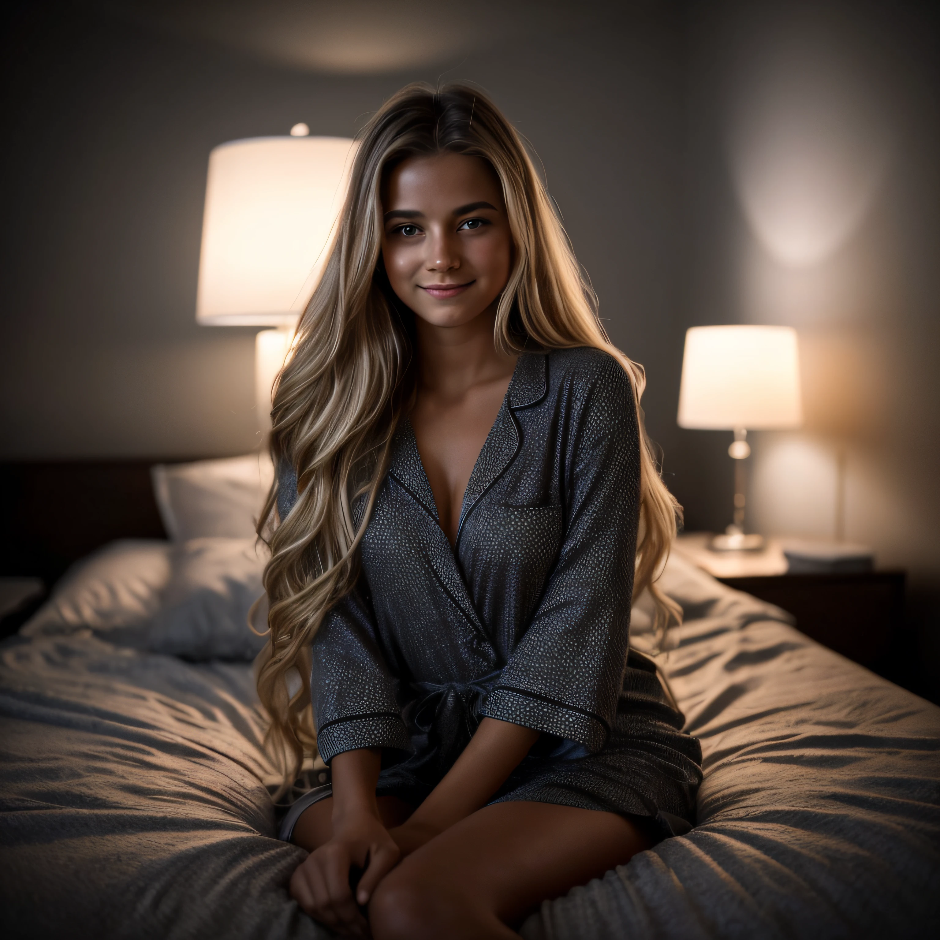 RAW photo, a 16-year-old Brazilian woman, blonde balayage, long hair, medium size breast, hour glass shaped body, dressed in dark grey pjamas (soft backlight), realistic, masterpiece, highest quality, lens flare, [[chromatic aberration]],best shadow, photorealism, hyperrealism, one girl, half smiling into the camera,very tired, in her bedroom, sat on the bed, drunk, close up to the face, dark outside, 1am, rubbing her hand through her hair, night time, widow blackout blind shut